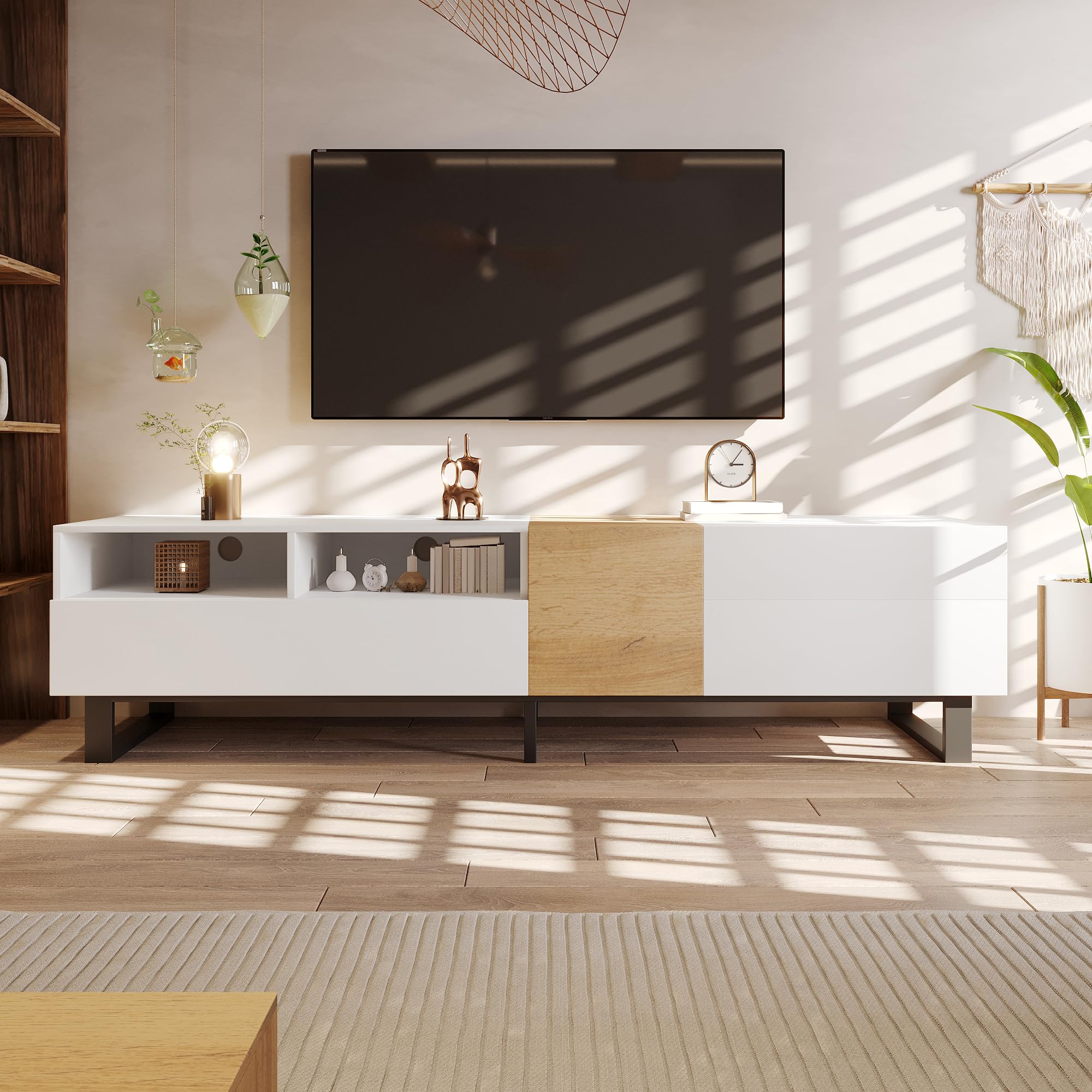 Merax TV Cabinet 180cm,TV Stand with Storage, White & Wood Effect Media Unit with Doors and Drawers, Minimalist TV Unit with Metal Legs for Living Room 180 L x 38 B x 50 H