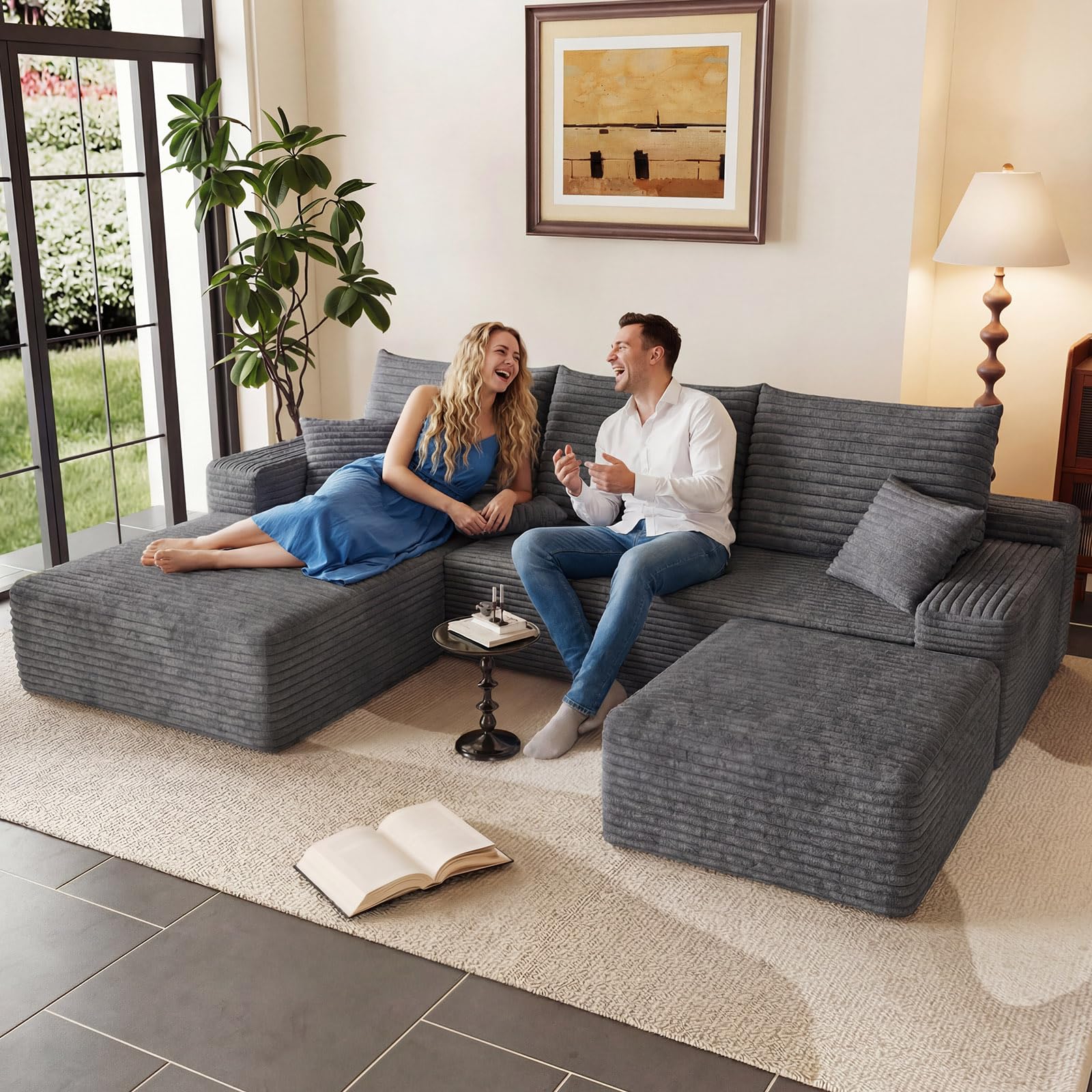 95" U-Shape Cloud Couch, Modern Modular Sectional L-Shape Sofa with Ottoman, Corduroy Upholstered Couches Deep Seat Sleeper Chaise Longue for Living Room, No Assembly Required(Dark Gray, Left Facing)