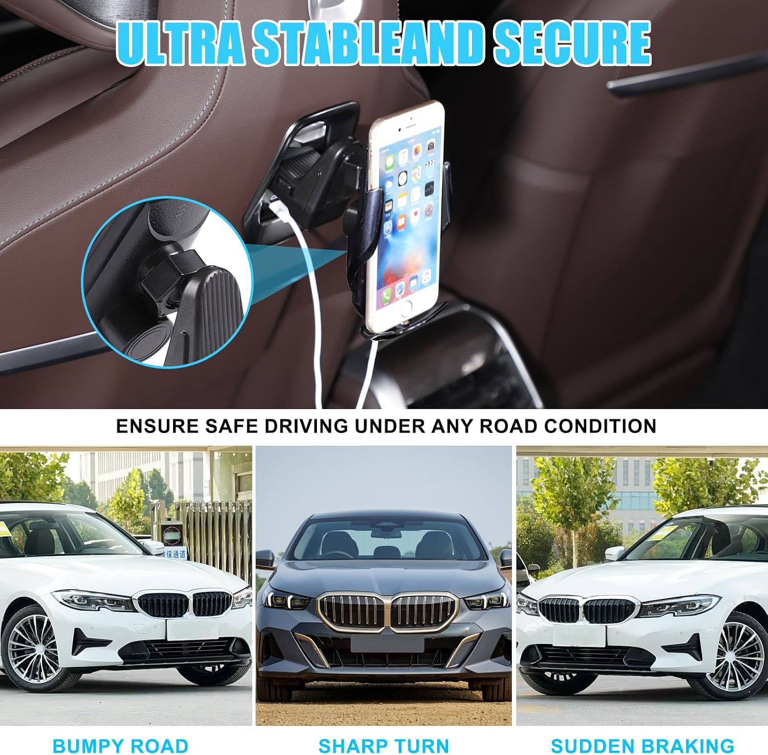 Car Phone Holde for BMW 5 Series i5 G60 530i 540i Back Seat 360° Rotatable Fixed Mobile Phone Mount Holder Fit for iPhone Android Travel Road Trip Essentials Accessories(Wi-re&less Ch-arg&er) image 5