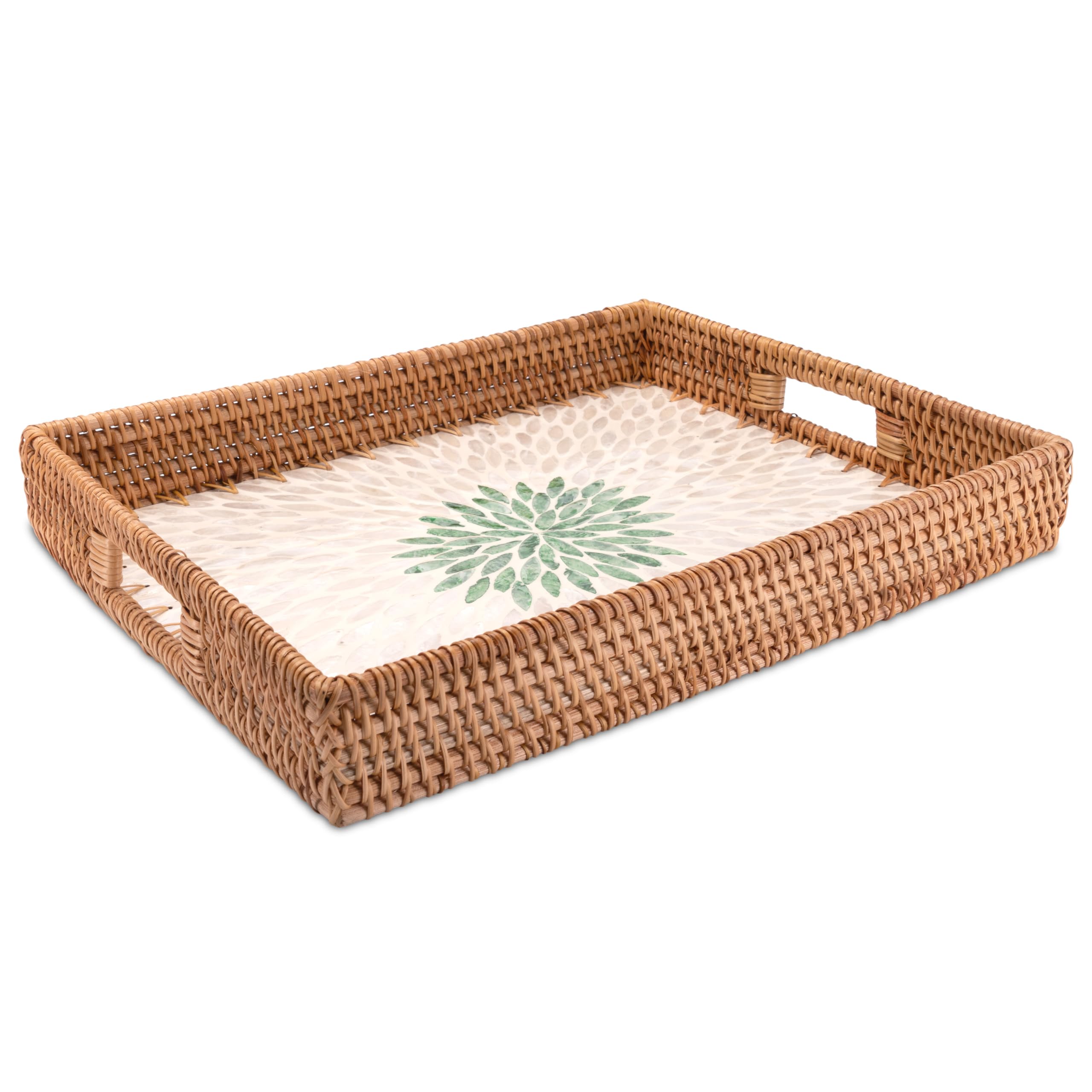 Decorasian Vintage Tablett aus Rattan mit Muschel Mosaik – Dekotablett und Serviertablett mit Griff im Boho Stil - Größe 43cm x 33cm