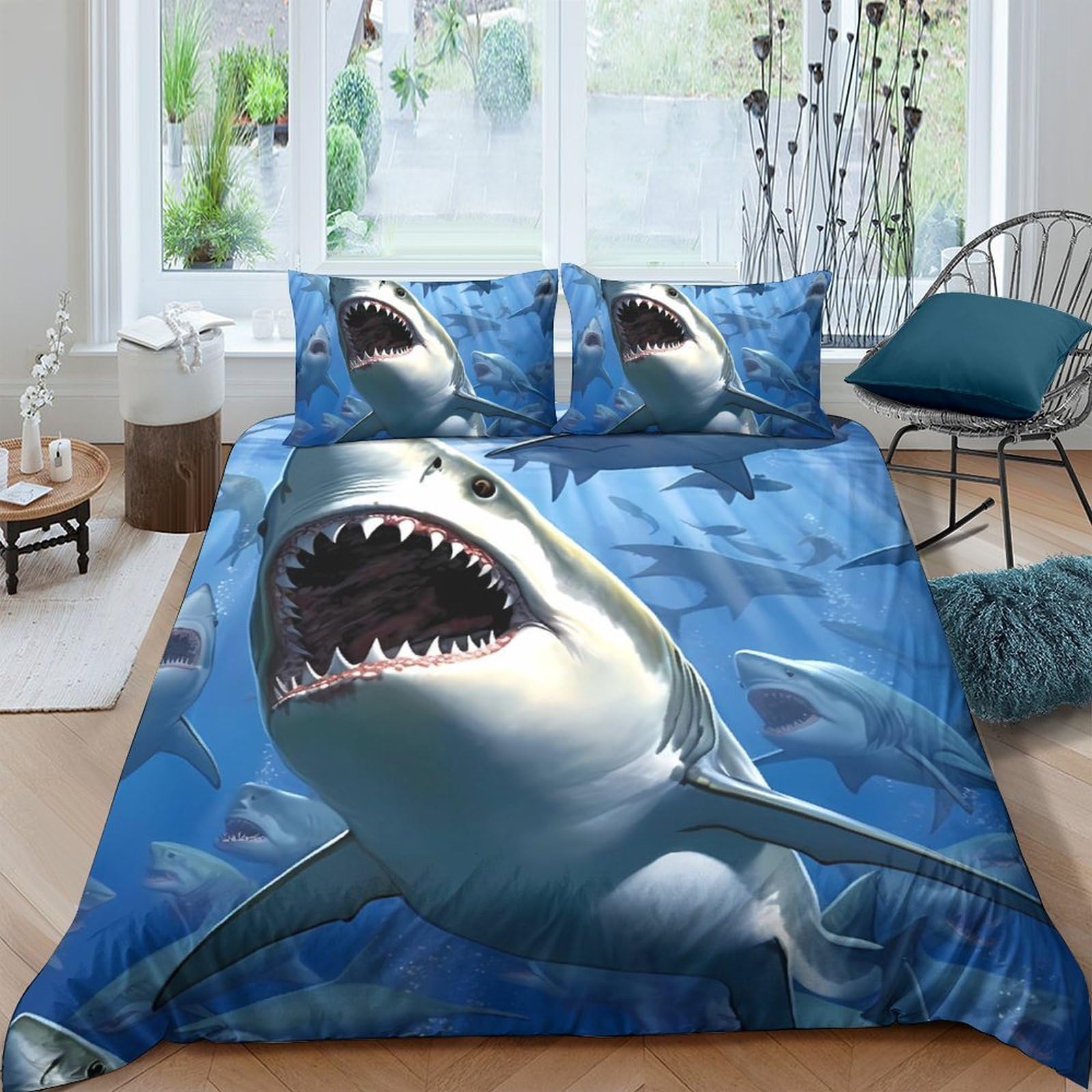 GPLZQXKJNH 3D Printed Shark Ocean Duvet Cover Set Microfiber Soft Breathable Sea Predator Quilt Cover with 2 Pillowcases for Bedroom Decor Single（135x200cm）