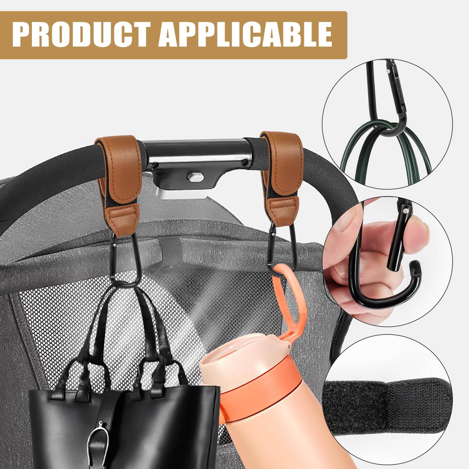 4 Pcs Leather Buggy Clips,Pram Hook Clip,Pram Rocker Clip for Bags Buggy Bike Rocker Clip,Universal Pram Accessories for Pushchair,Shopping Bag,Backpack(Brown) - Image 3