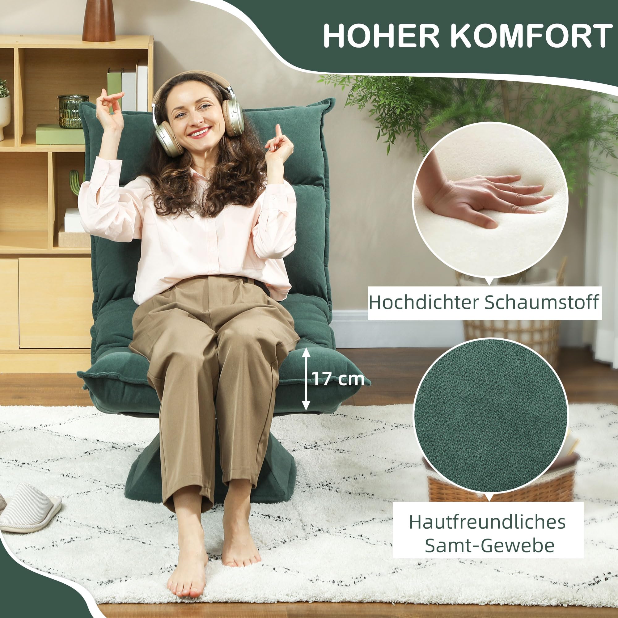 HOMCOM Chaise de sol, pivotante à 360 °, avec dossier réglable en 5 positions, pliable, pour méditation, salon, jeux et lecture, vert