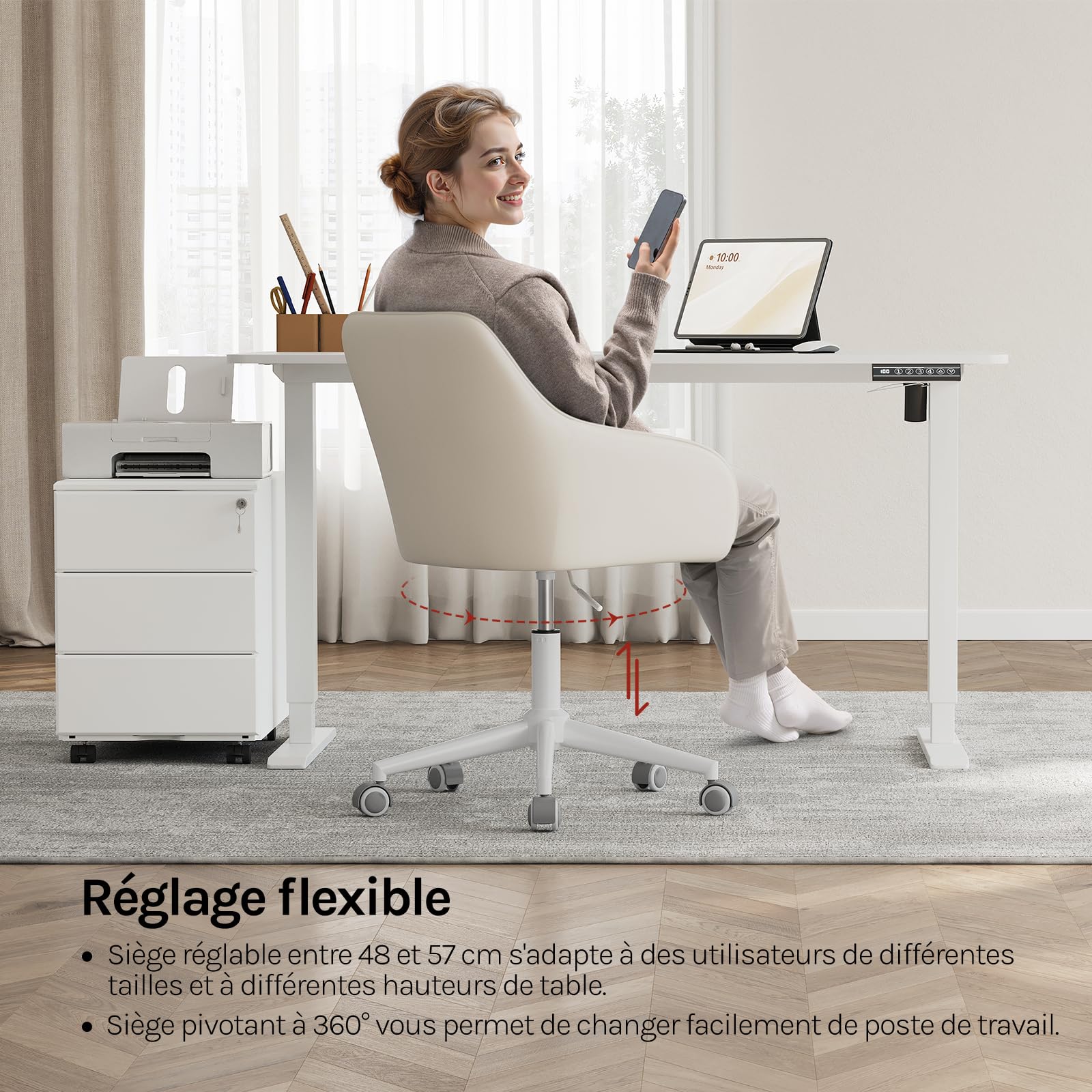 WOLTU Chaise de Bureau, Fauteuil Ergonomique, Bouclette+PU, Crème Beige | Chaise Coiffeuse, Siège Pivotant, Réglable en Hauteur, Capacité 150 kg, Cadre en Acier, pour Bureau, Chambre