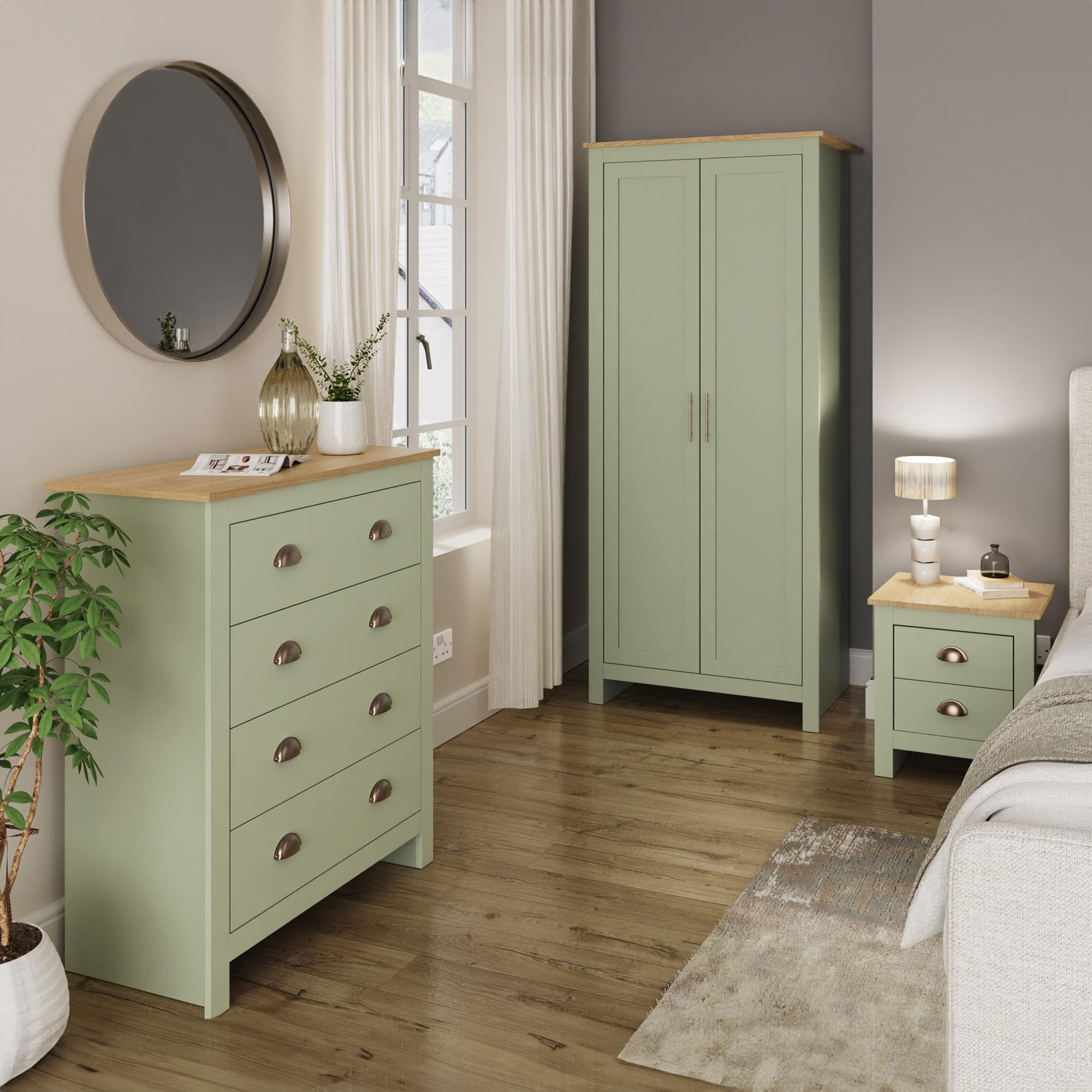 GFW Lancaster 3 Piece Bedroom Set Sage Geen Bedside Cabinet Chest Of Drawers Wardrobe