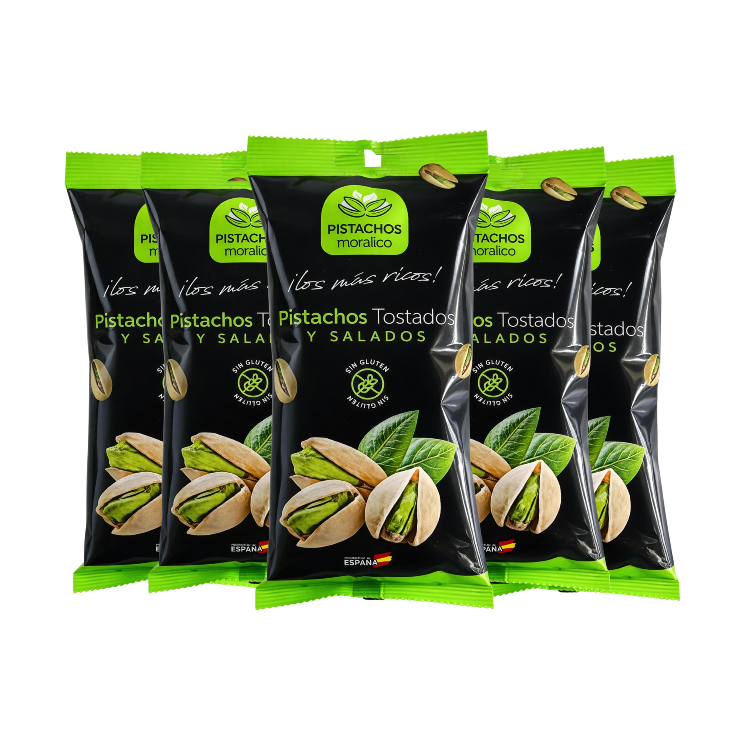 Pistachos Moralico - Pistachos Tostados y Salados Origen España - Pack 5 Bolsas x 200g (1 Kg) - Frutos Secos Premium Sin Gluten - Formato Familiar Despensa, Aperitivo para Compartir-Frescura Prolongad