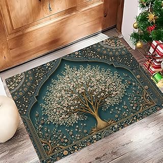 Fußmatte Traditionelle Persische Muster 90 x 150 cm Innen und Außen, Waschbar Fussmatt Dekoratives Baummuster Rutschfester Schmutzfänger Teppich für Eingang Haustür Patio Flur Garten, Blau