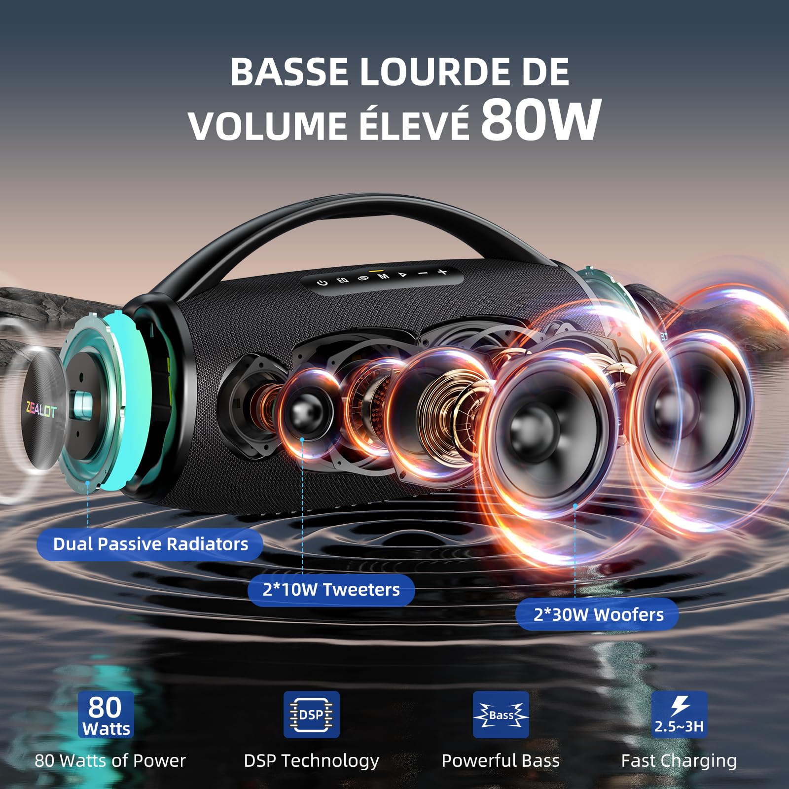 ZEALOT Enceinte Bluetooth Puissante 80W Haut Parleur sans Fil avec Lumière LED, Basses Puissantes, EQ, Autonomie de 12 hrs, Bluetooth 5.2, IPX6, AUX, TF Carte, TWS, Enceinte Portable pour Exterieur