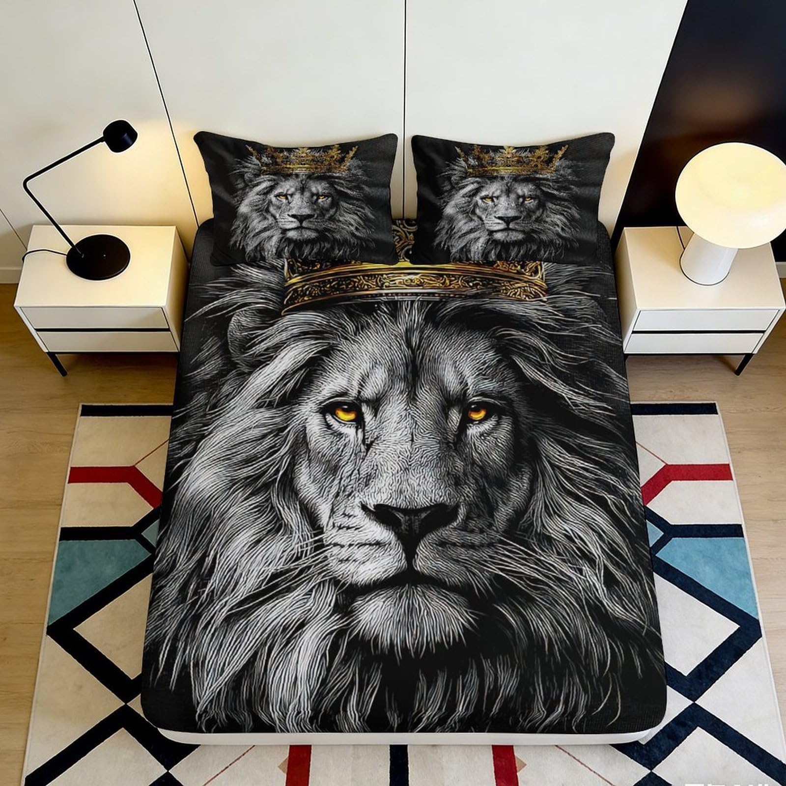 3D Printed Lion Crown Fitted Sheet Microfiber Soft Breathable King Lion Bed Cover for Bedroom Dormitory Guest Room Mattress Protection Decor 180x200x25cm