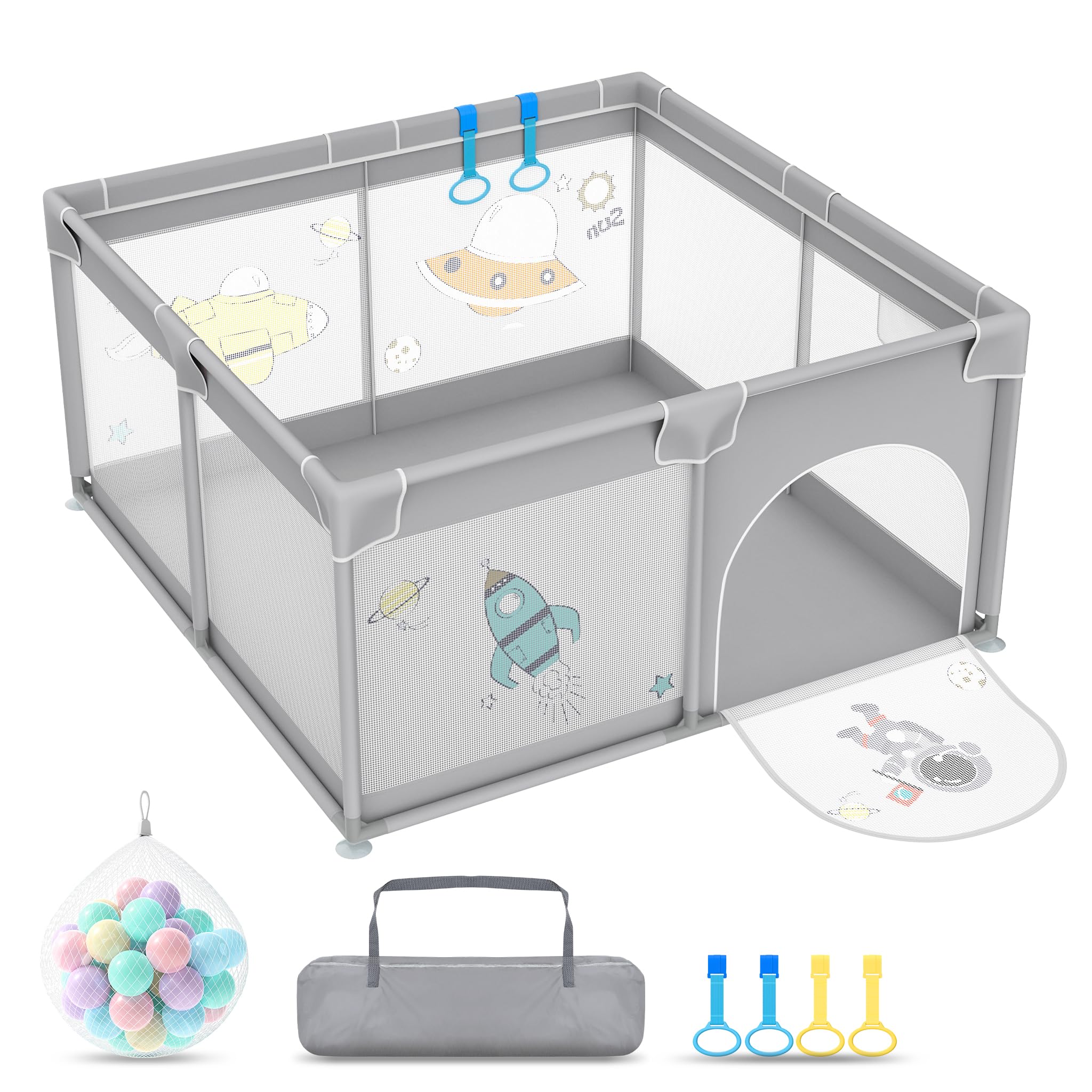 HENGMEI Box per bambini, 127 x 127 cm, pieghevole, in plastica, con 50 palline colorate, rete traspirante, parco giochi di sicurezza (astronauti)