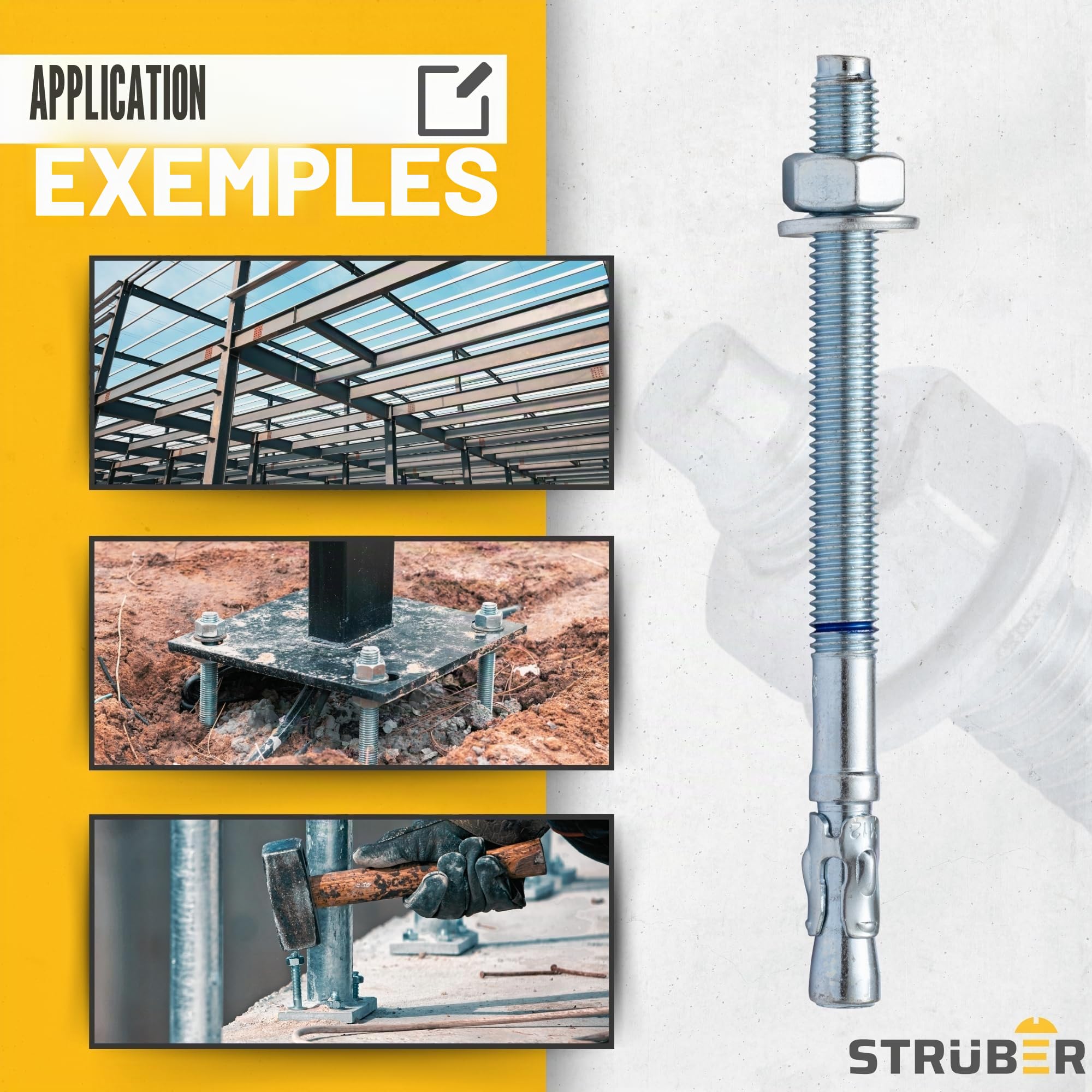 STRÜBER Ancrage galvanisé pour charges lourdes (M10 x 120 mm / 50 pièces) - Boulons d'ancrage de qualité industrielle - Chevilles d'ancrage - Ancrages en acier