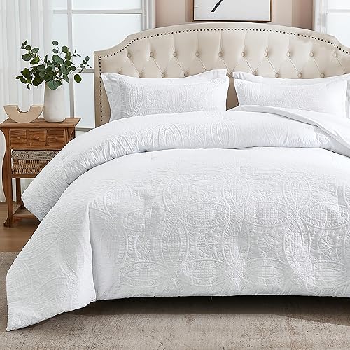 Andency White Comforter Queen Size, 3 Pieces Boho Modern Geometric Textured Bedding Comforter Sets, Winter Thick Warm Soft Luxury Coin Pattern Ultrasonic Bed Set (90x90In Comforter & 2 Pillowcases)