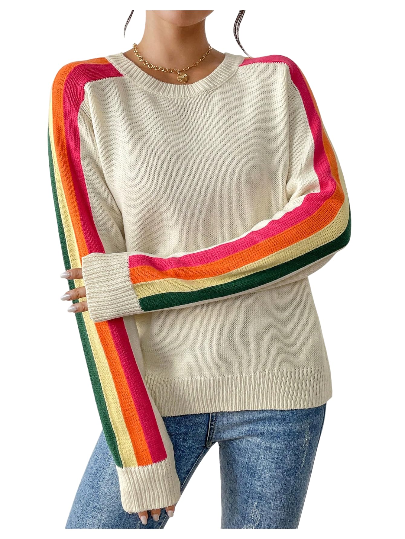 GORGLITTER Womens Striped Sweater Rainbow Fall Cozy Fashion Color Block Long Sleeve Crewneck Colorful Pullover Tops
