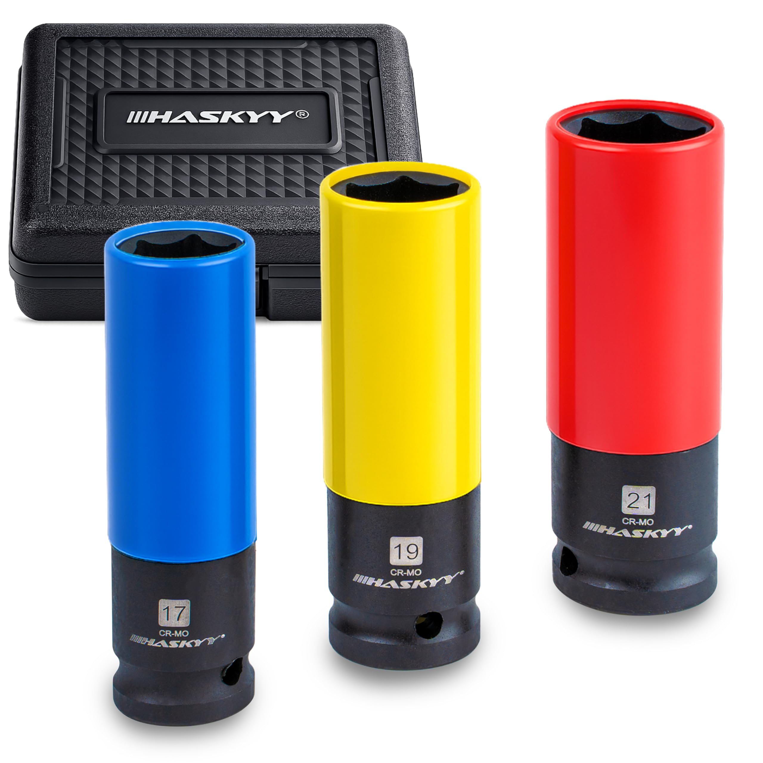 HASKYY 3 tlg. Schlagschrauber SET Nüsse SW17 / SW19 / SW21 mm Schoneinsätze 1/2" für Radschrauben & Radmuttern zum Schutz der Alufelgen CSE3-21