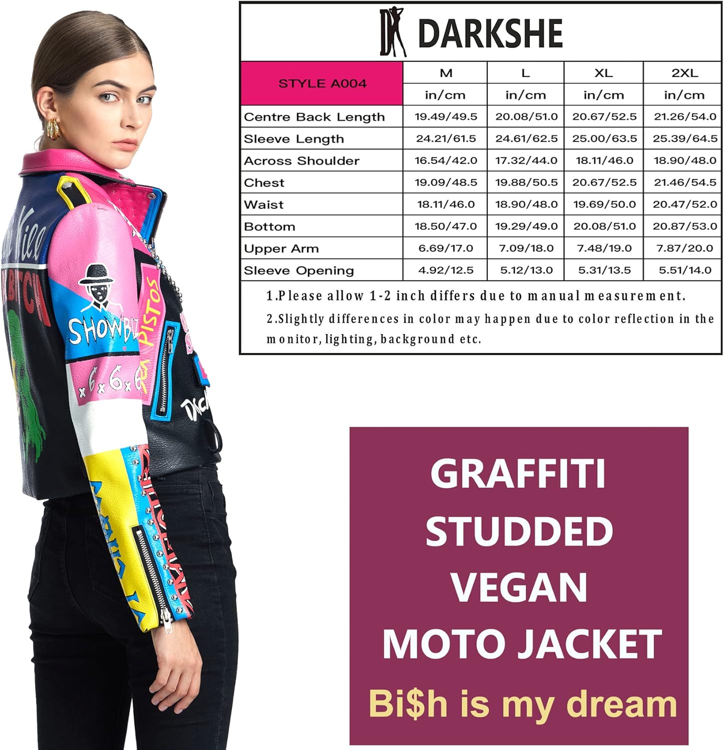 DARKSHE Women's Faux Leather PU Jacket, Graffiti Studded Rivet Punk Biker Moto Fashion Coat with Long Sleeve - Image 4