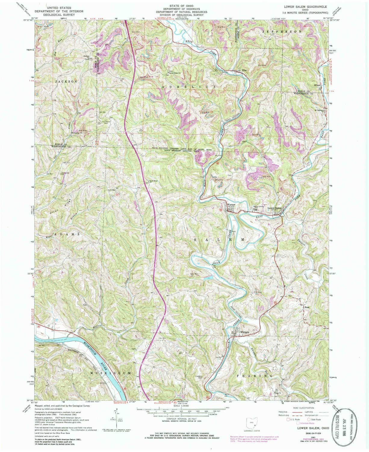 Lower Salem OH topo map, 1:24000 Scale, 7.5 X 7.5 Minute, Historical, 1961, Updated 1986, 27 x 22 in