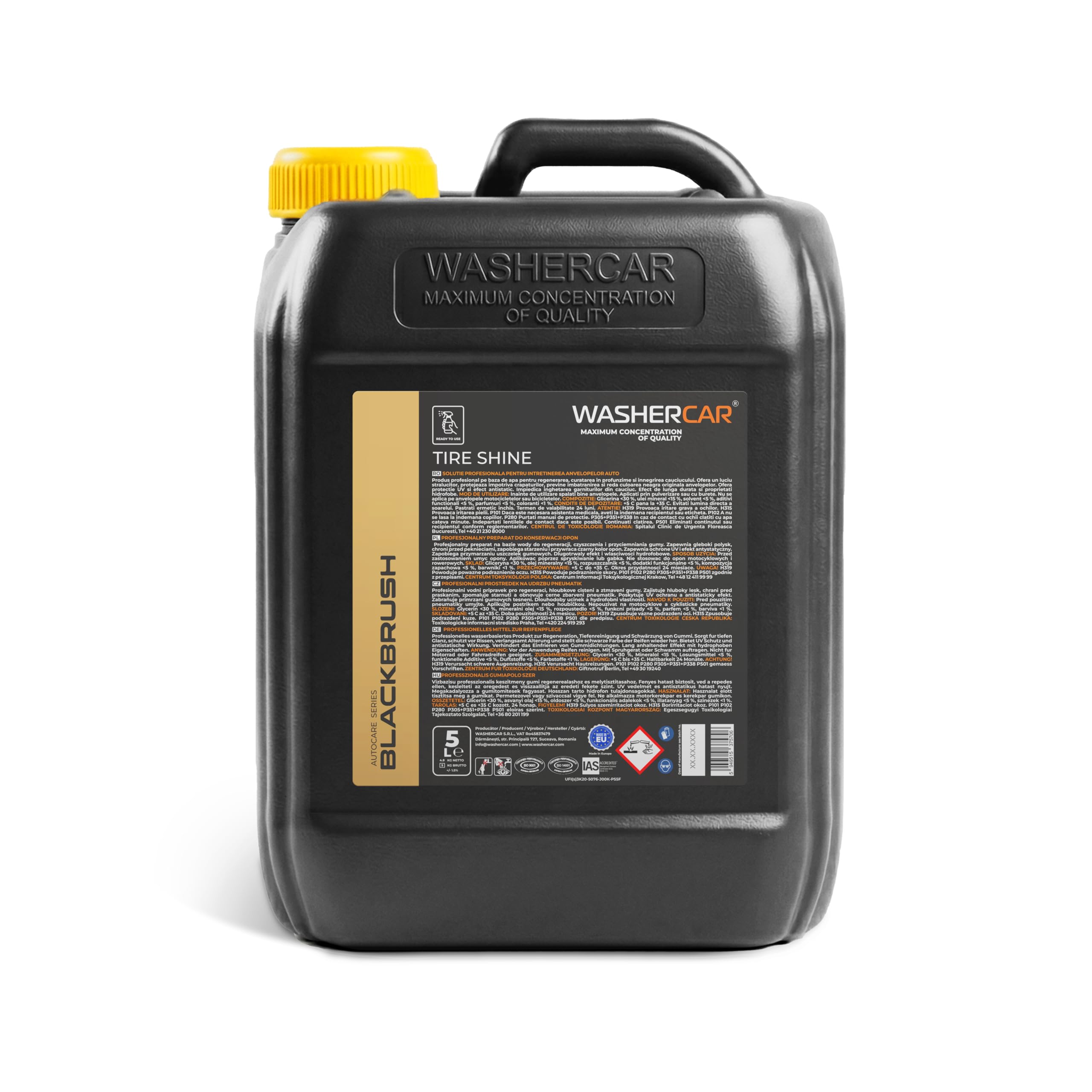 WasherCar Blackbrush Reifenschwärzer 5L – Tiefenschwärzung & Wet Look Glanz – UV-Schutz & Gummipflege für PKW-Reifen – Gebrauchsfertiges Reifenpflegemittel auf Wasserbasis – Made in Europe
