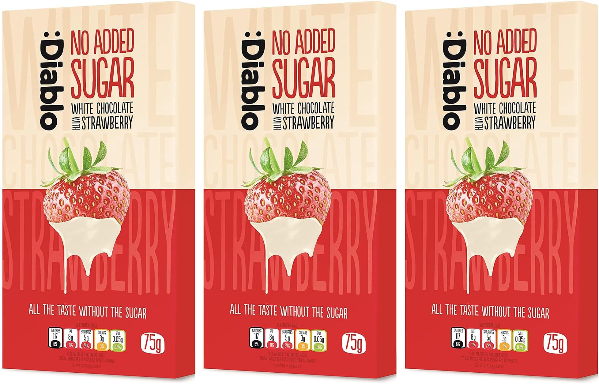 Diablo No Added Sugar White Chocolate with Strawberry – No Added Sugar Chocolate Bar Sweetened with Stevia, Gluten Free, Ideal for Any Occasion, Birthdays, Valentines, or Gift Hampers, 75g (Pack of 3)