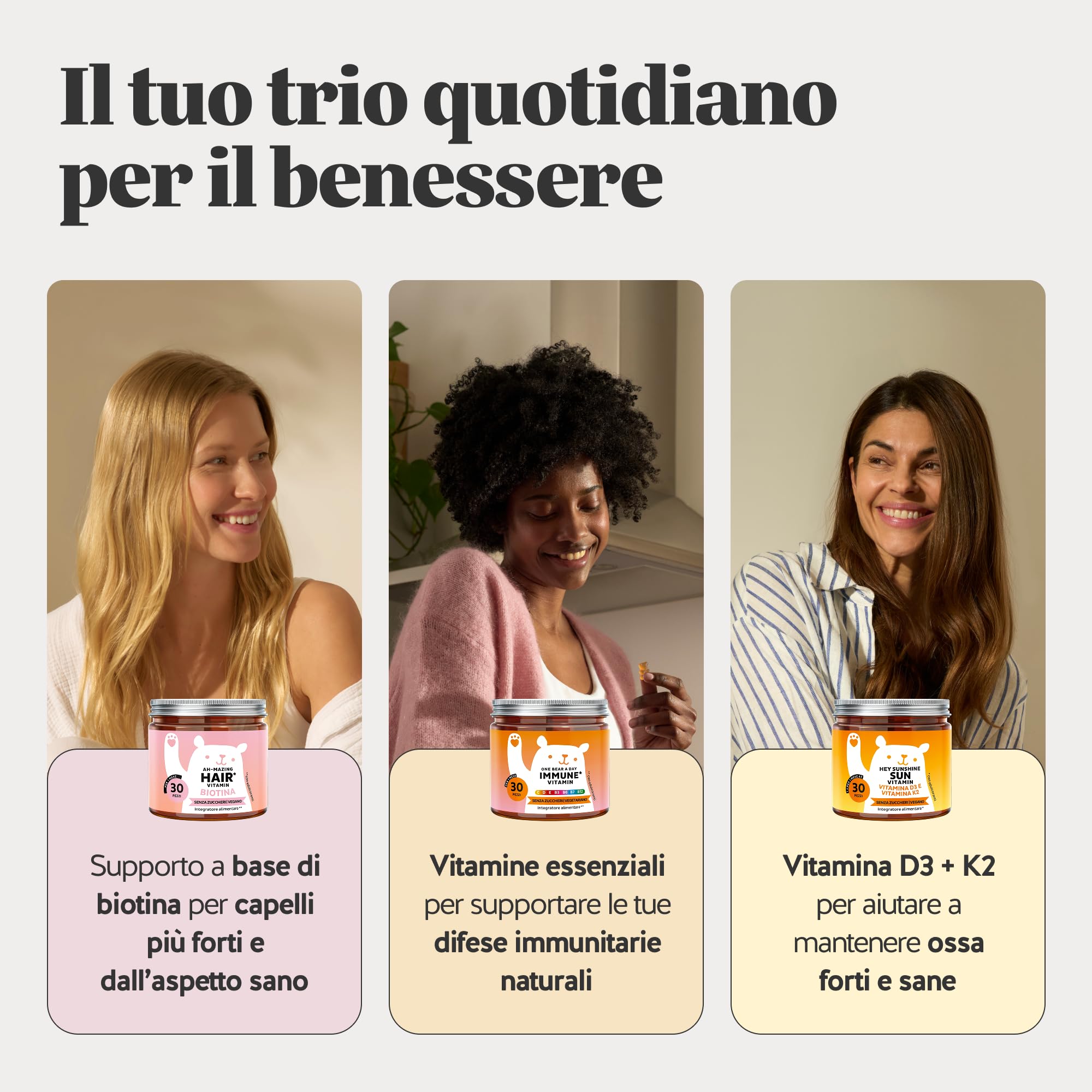 Bears with Benefits - Pack Trio Benessere Capelli & Immunità - 3x30 pezzi | Pack Trio Biotina, Complesso Multivitaminico & Vitamine D3 K2 - Senza Zuccheri