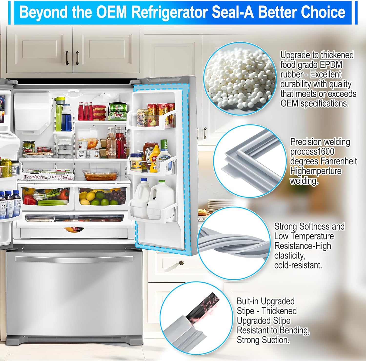 Upgraded 39.57"x16.93" DA63-06542A Refrigerator French Door Gasket Replacement Compatible with Samsung Refrigerator Door Seal Gasket DA97-07191A 2813286 AP5323696 PS4151582 EAP4151582 PD00025147 Gray