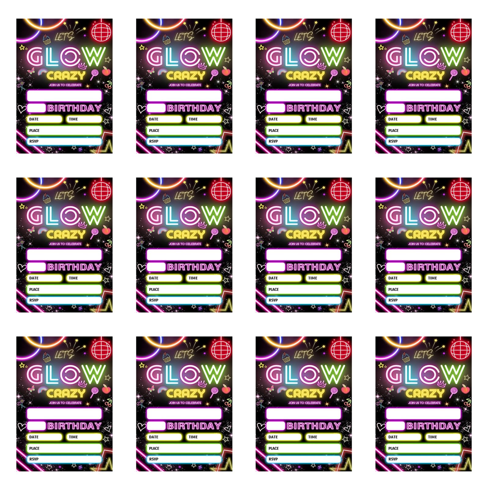 ZEPFJHE 12Pcs Glowing Fluorescent Greeting Card 5x7Inch Birthday Invitations for Birthdays Celebration and Social Gatherings Invitation Cards