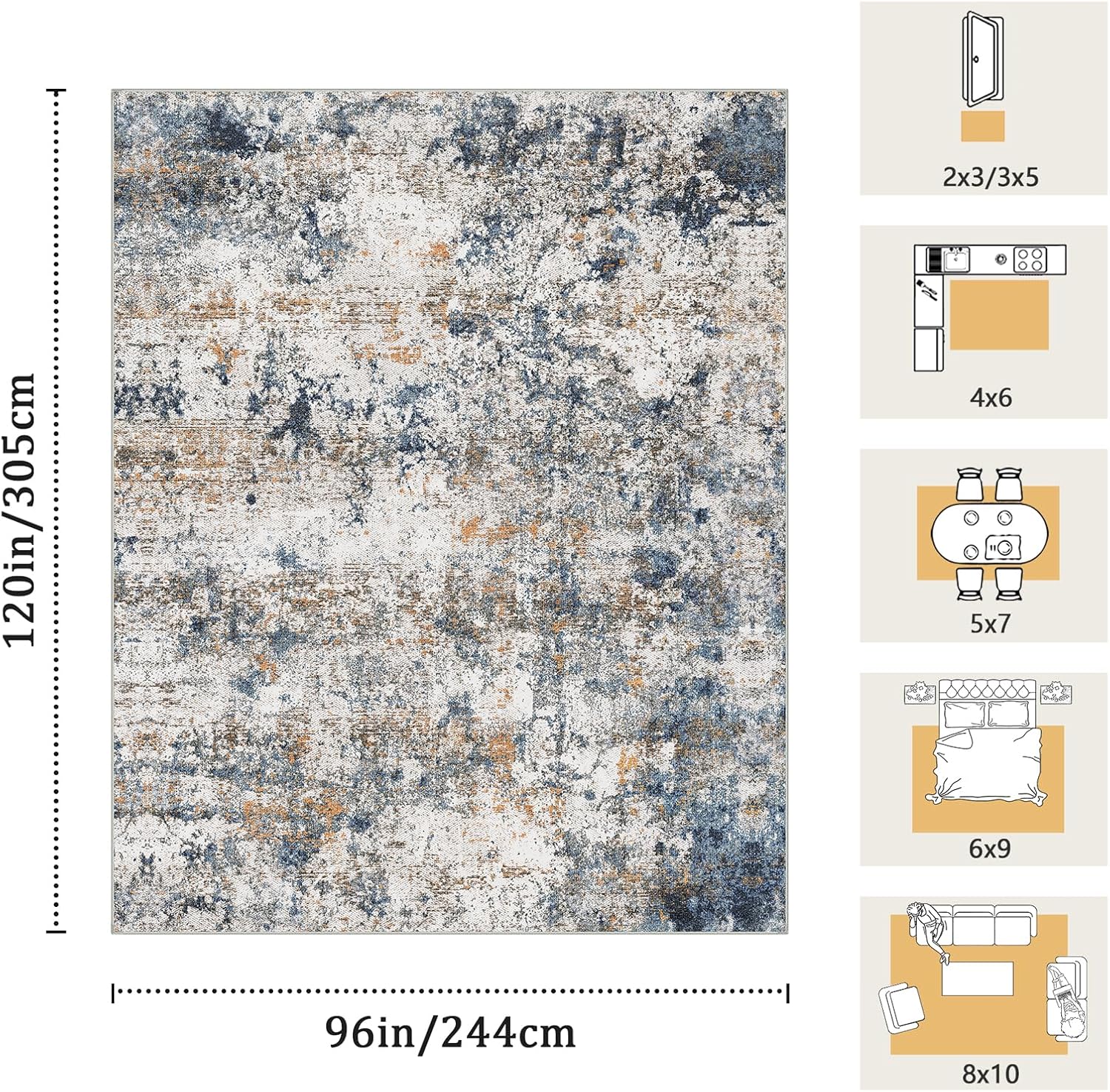 8x10 Washable Area Rug for Living Room, Multicolor Modern Vintage Abstract Rug Large Non-Slip Low Pile Soft Faux Wool Carpet, Kids and Pets Friendly for Bedroom Dining Room Farmhouse Home Decor Rug