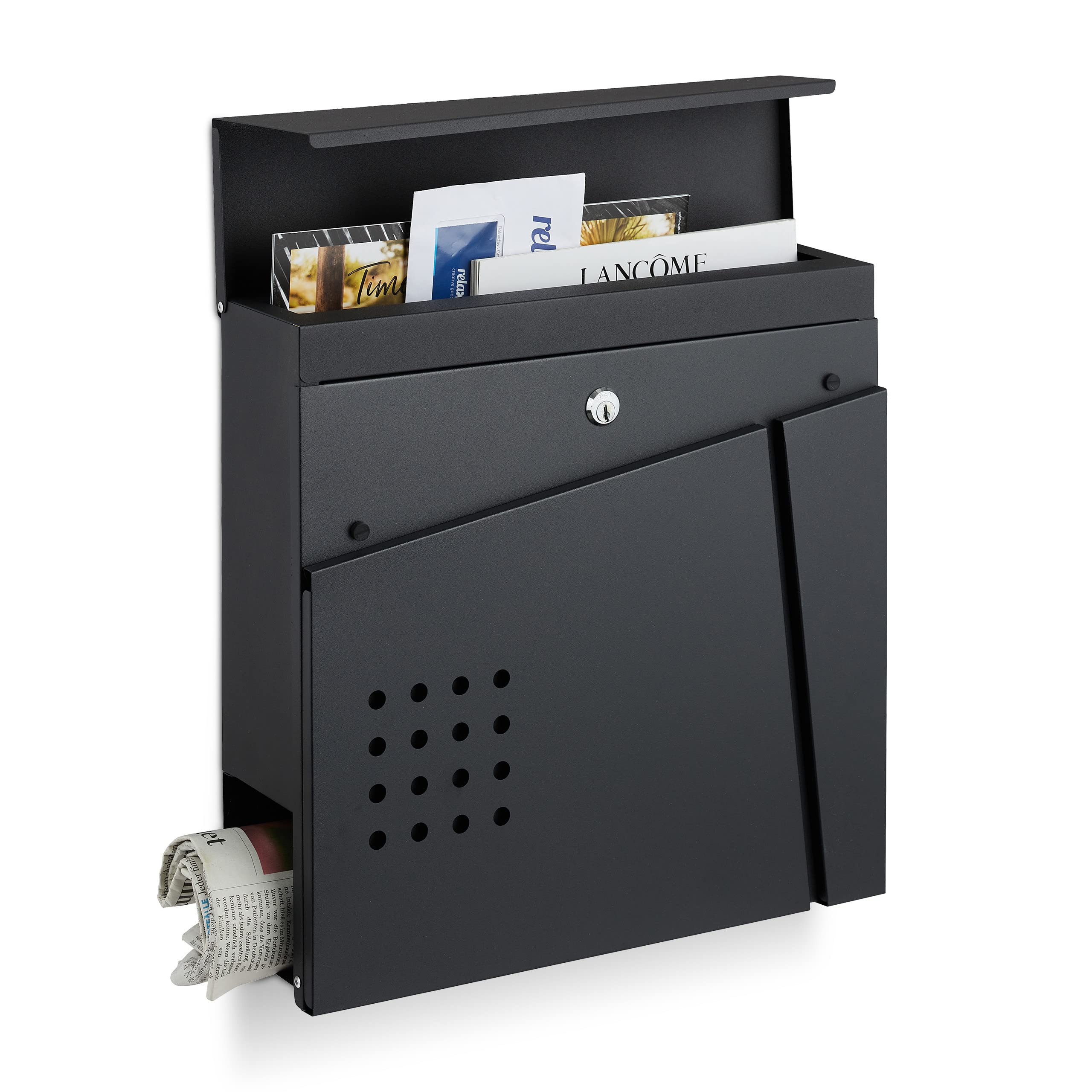 Relaxdays Matt Black Mailbox With Newspaper Compartment, Hxwxd 37 X 37 X 11 Cm, 2 Keys, Steel, Modern Edgy Design,