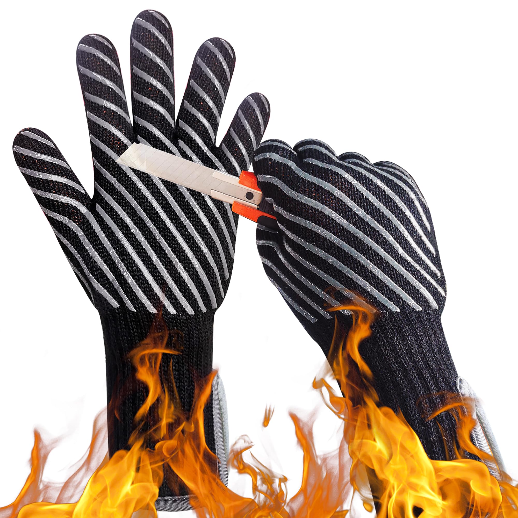 HandLove BBQ Gloves, Oven Gloves with Fingers –1472? Heat Resistant Gloves for Grilling | Aramid Retardant Non-Slip Grip, Bamboo-Lining Fire, Black,L