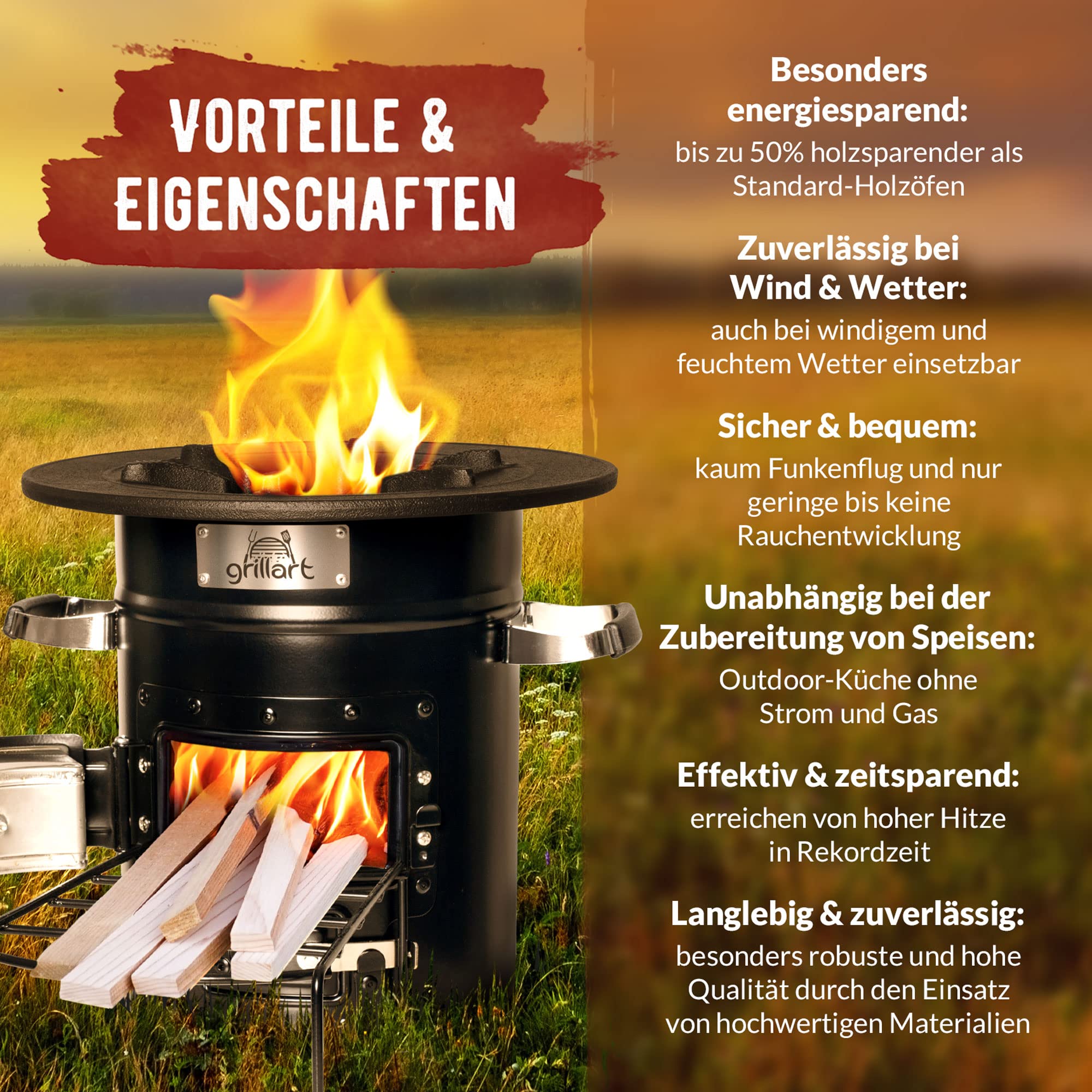 grillart® Forno a razzo per esterni "Powertrain" – efficiente stufa a legna come fornello da campeggio per forno olandese e padelle – particolarmente efficiente con basso sviluppo di fumo (nero con