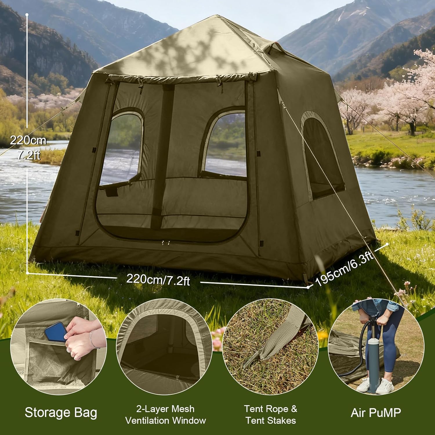 Inflatable Tents for Camping,Easy Blow Up Tent with Hand Pump,4 Seasons Waterproof Air Inflatable Camping Tent House for Family Weekend Camping