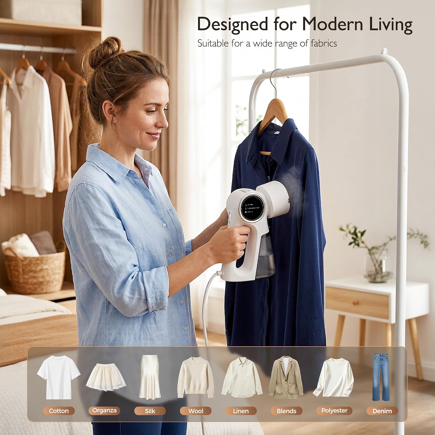 Steamer for Clothes, Clothes Steamer Handheld Supports Both Hanging and Flat Ironing, Auto Absorbs Clothing, Adjustable Suction Power from 3000-6000Pa, Fits Easily Into a Suitcase（White）