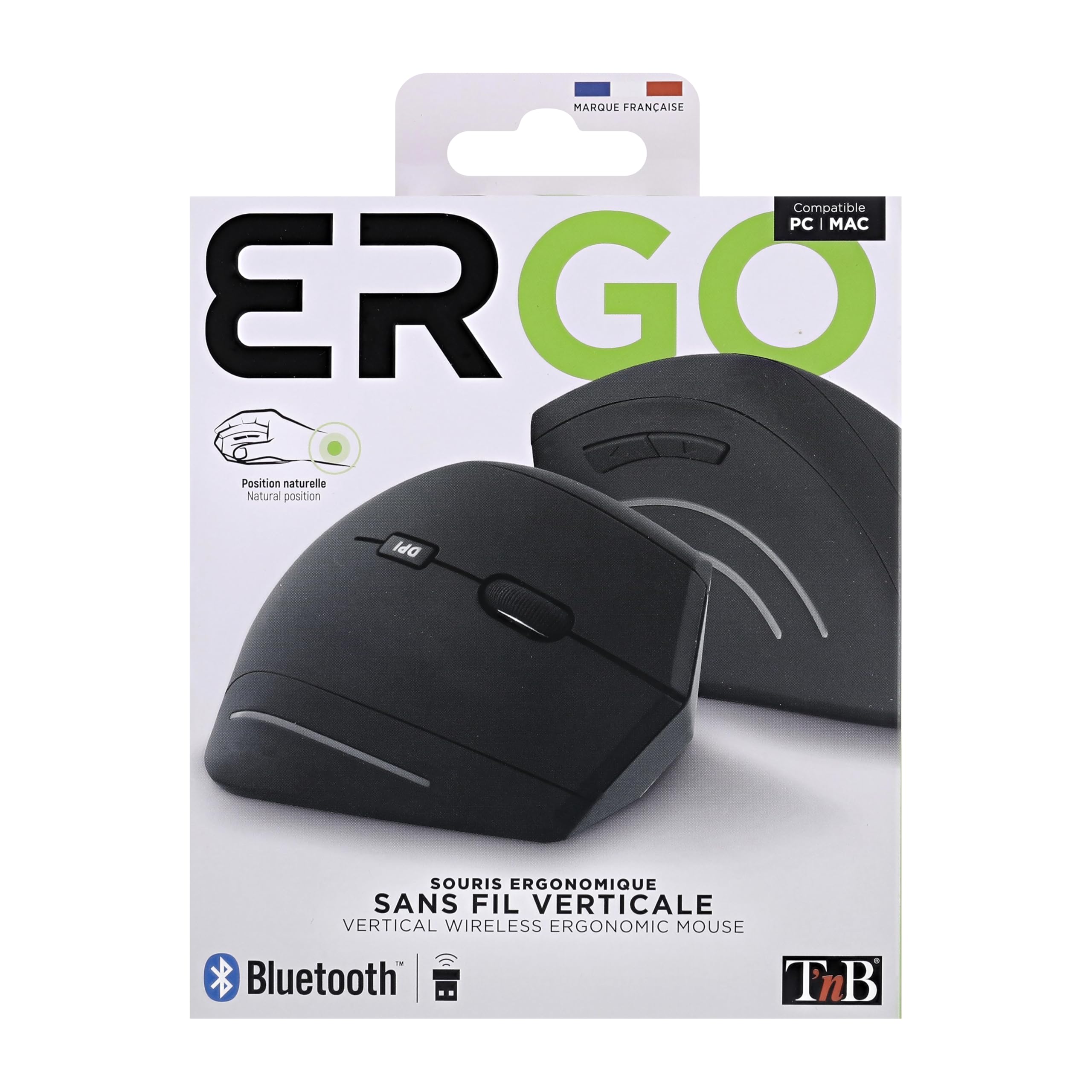 T'nB Souris Moreno - Souris sans Fil Ergonomique Verticale, Double Connexion par Bluetooth et Radiofréquence, Soulage Le Poignet, Idéal Usage Professionnel et Télétravail - Noir