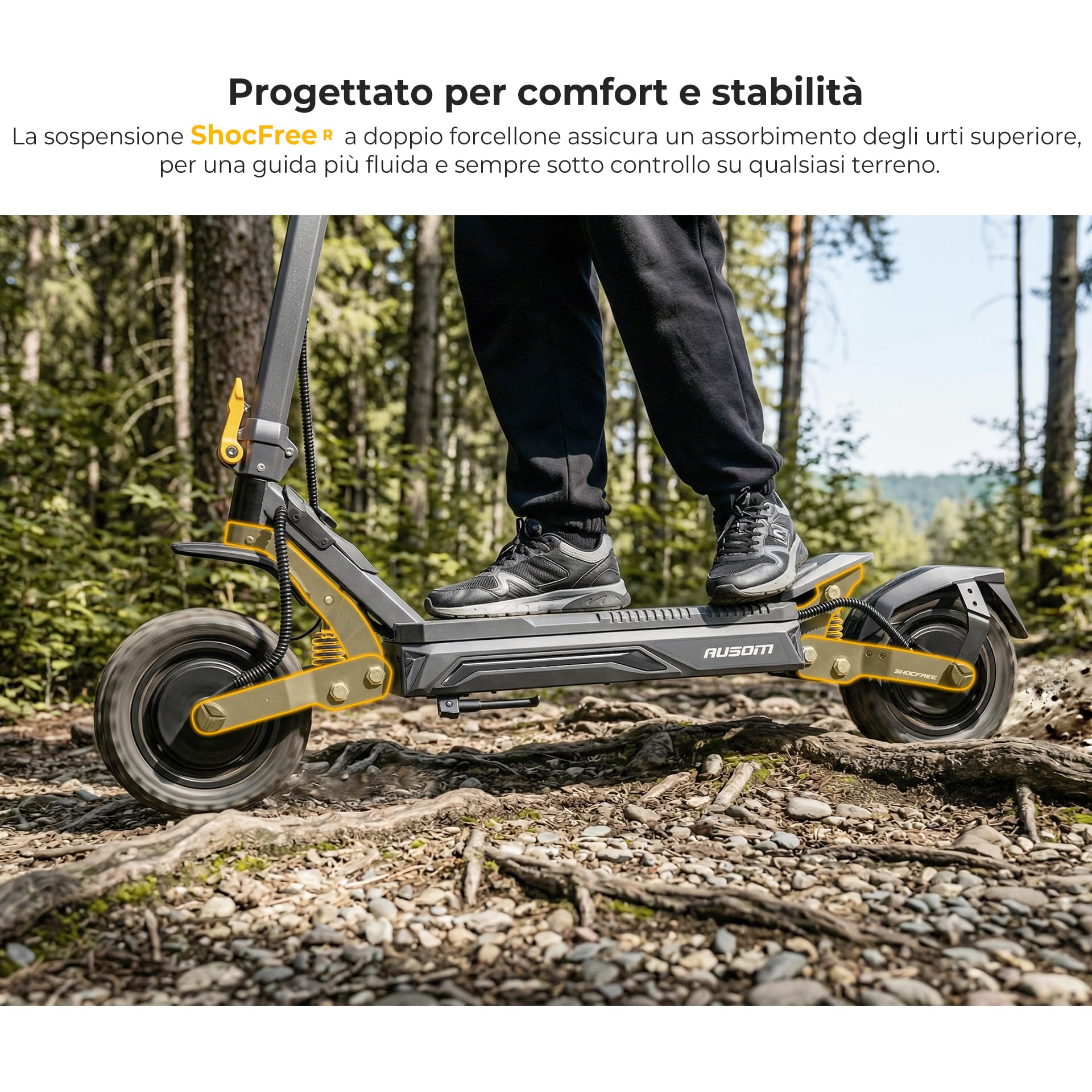Monopattino Elettrico, Ausom Gosoul 2/Gosoul 2 Pro, 90/70km Autonomia, Sospensione ShocFree, Freni a Disco+E-ABS