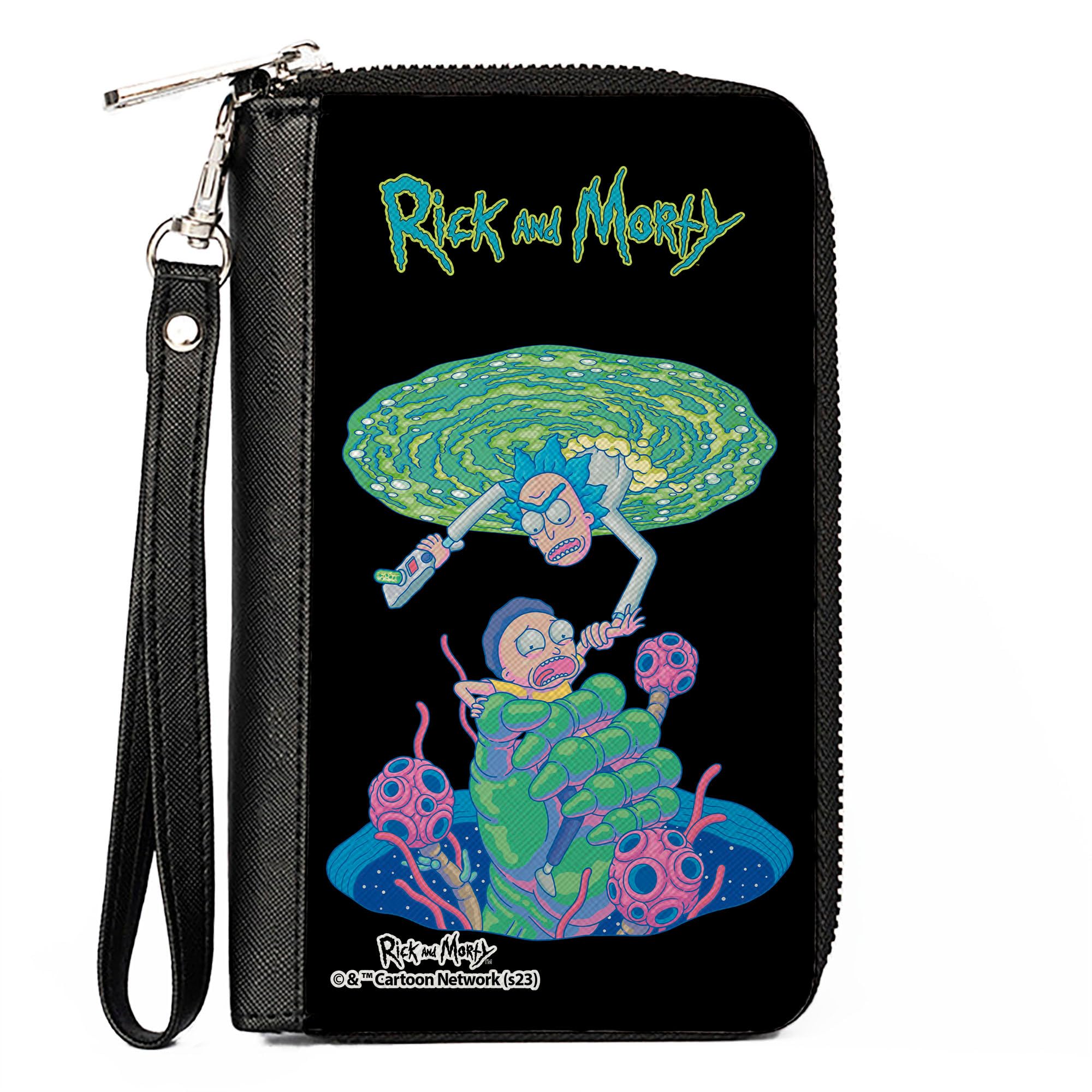 Buckle-Down Rick and Morty Wallet, Zip Around, RICK AND MORTY Portal Battle Scene Black, Vegan Leather