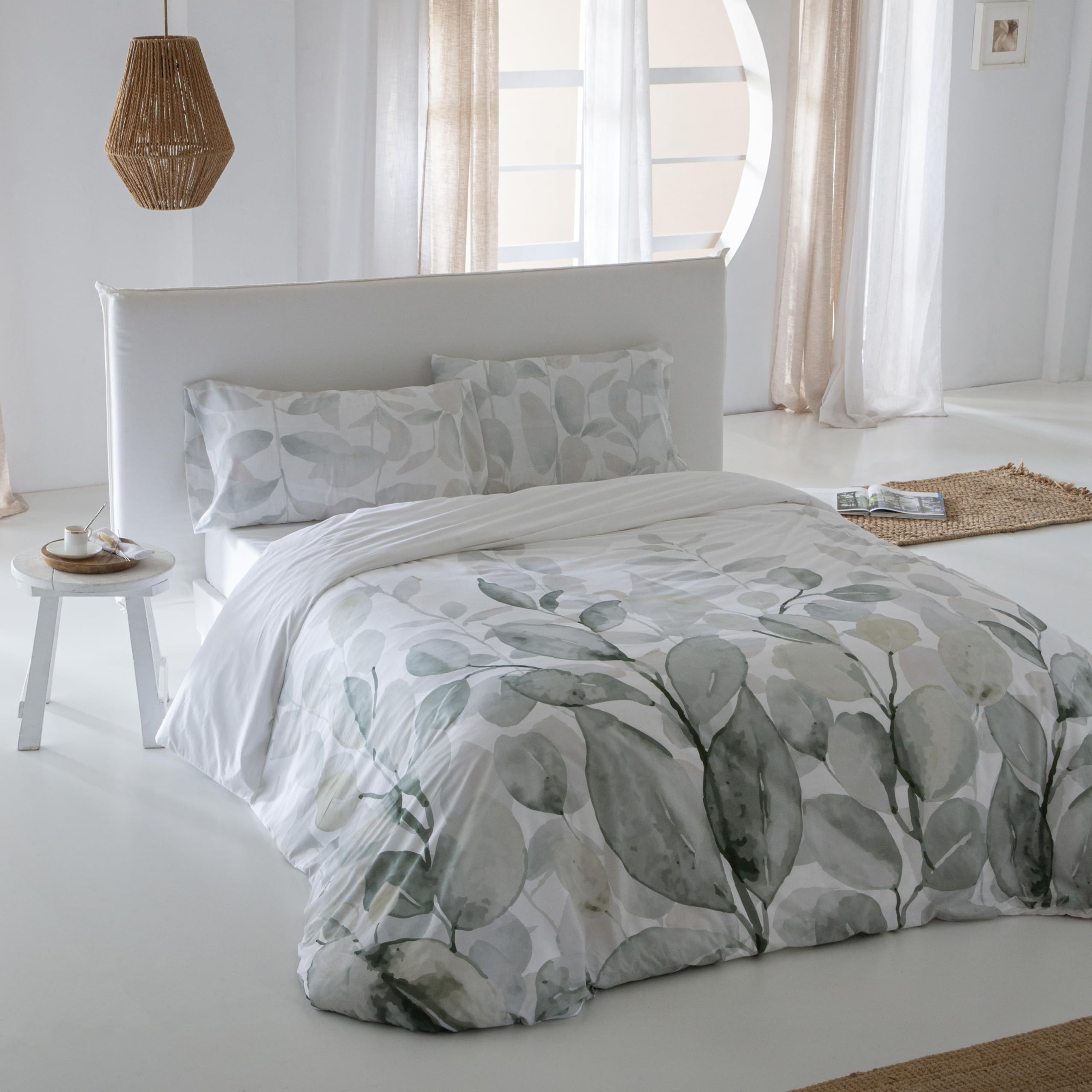 COTTON ARTean Funda Nórdica Cama 90 ALGODÓN Pas Blanco y Verde Botones | Incluye 2 piezas: F. Edredón 150x260 + 1 F.de Almohada Certificado OEKO-TEX