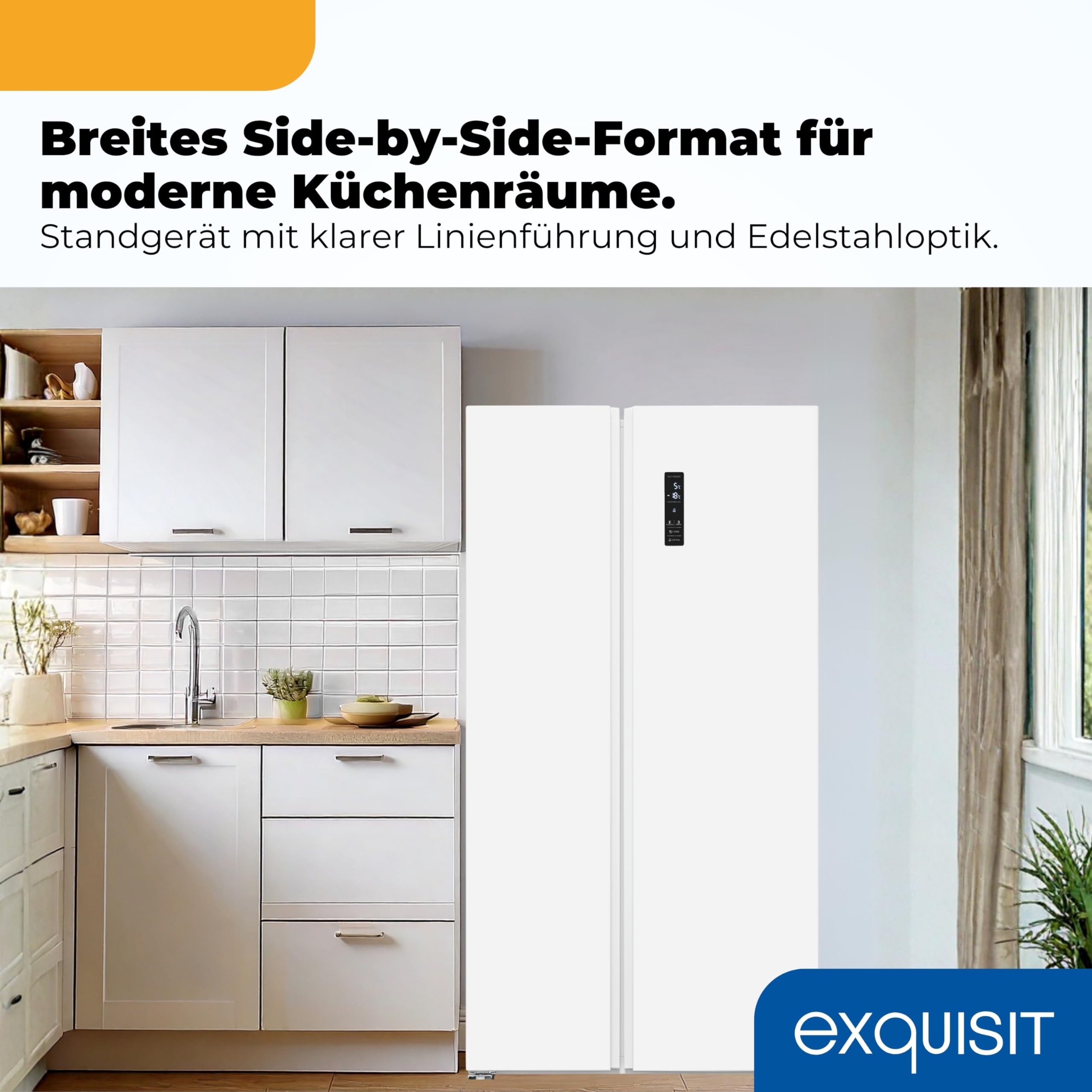 Exquisit SBS546-040D Side-by-Side Kühlschrank, 442 L, No Frost, Weiss | Freistehende Kühl-Gefrierkombination mit Energieklasse D, 39 dB leisem Betrieb, Schnellgefrierfunktion und LED-Display