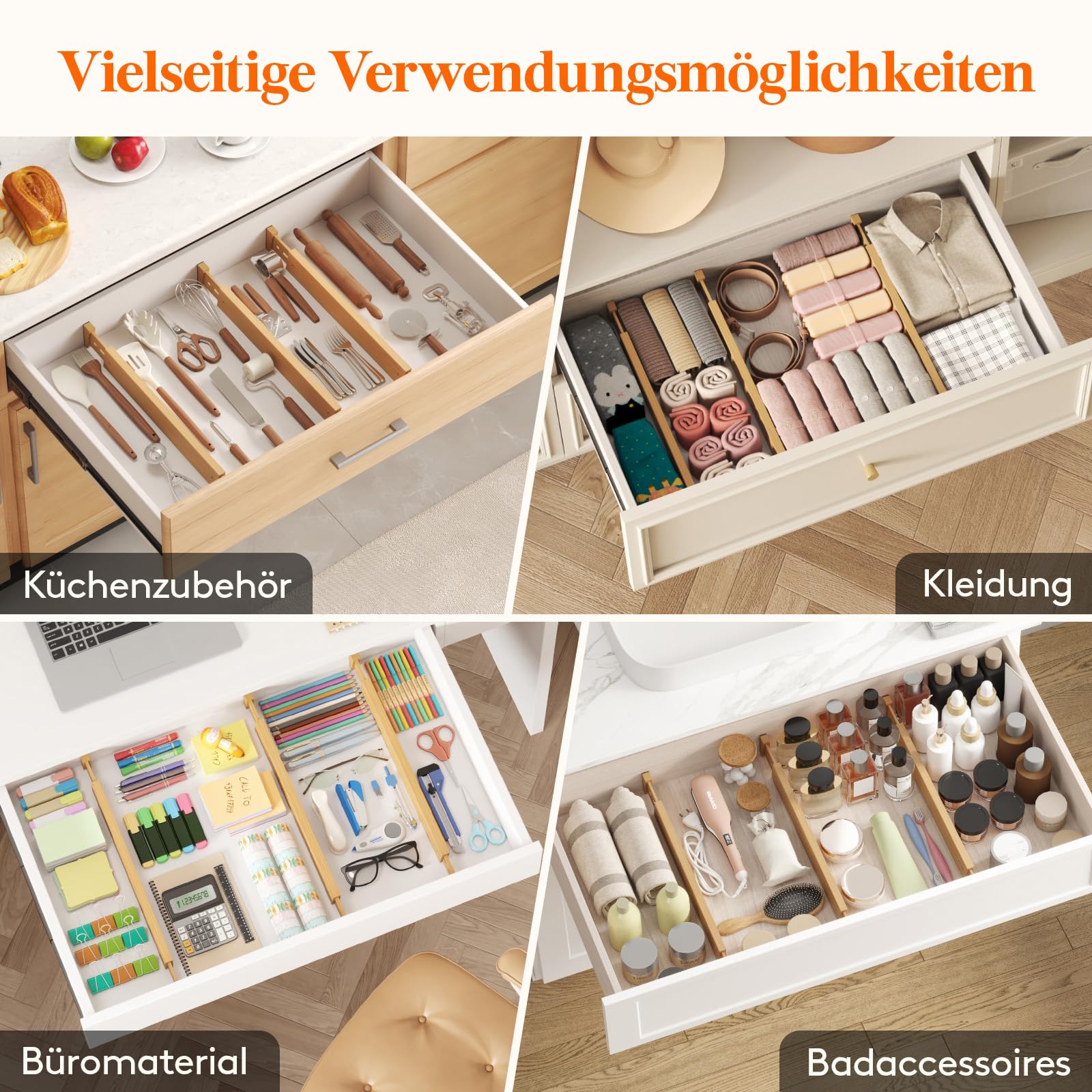 Lifewit 6er Schubladentrenner Verstellbar für Innenlänge 42–56cm&Höhe>6cm | Bambus Schubladen Organizer Ordnungssystem für Küche Kleiderschrank Schreibtisch Kommode Büro, Flexibel, Rutschfest, Stabil