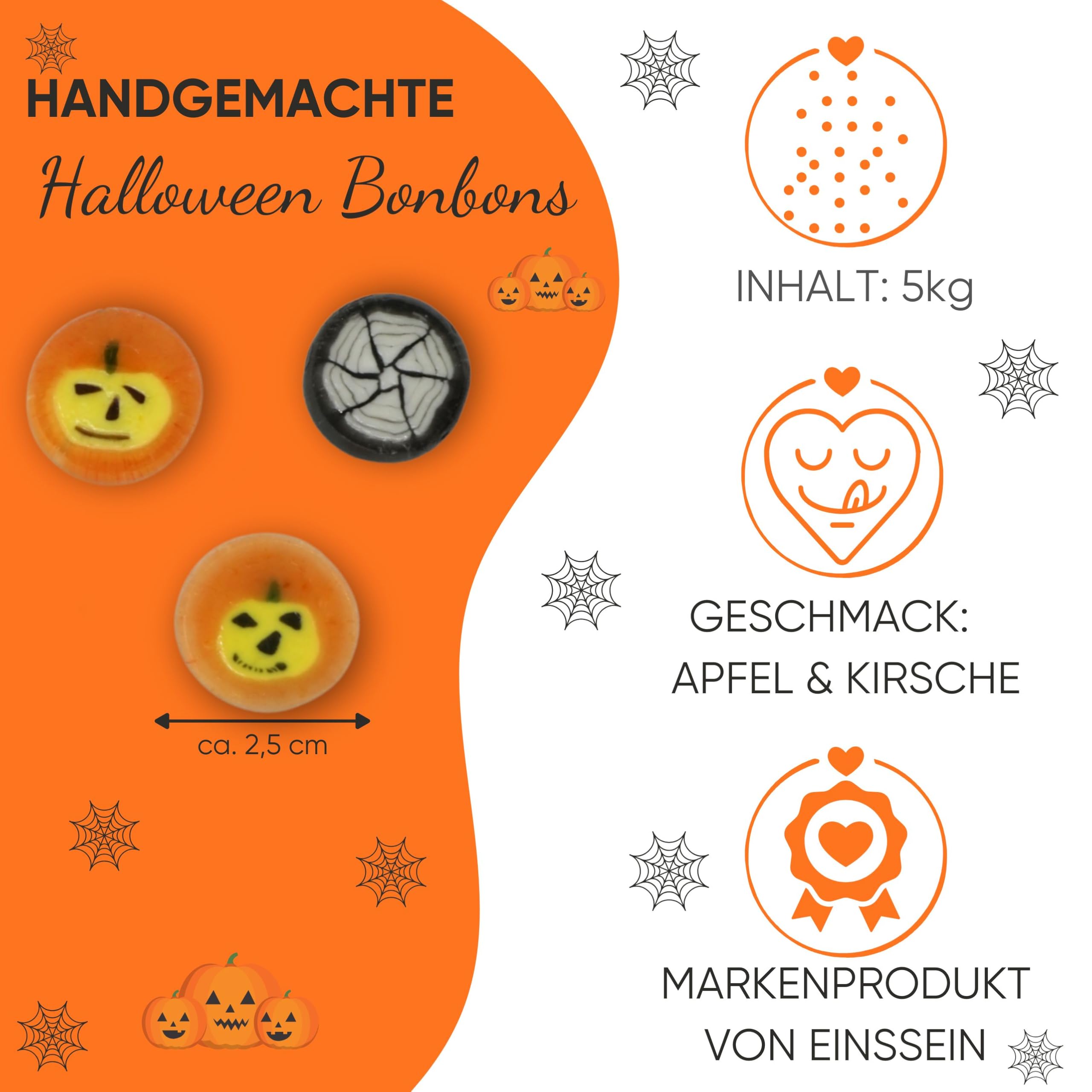 EinsSein Halloween Bonbons Kürbis & Spinnennetz 5kg | Vegane Rocks Candy Süßigkeiten | Gruselige Mitgebsel für Kinder Party Deko & Süßes oder Saures | Großpackung
