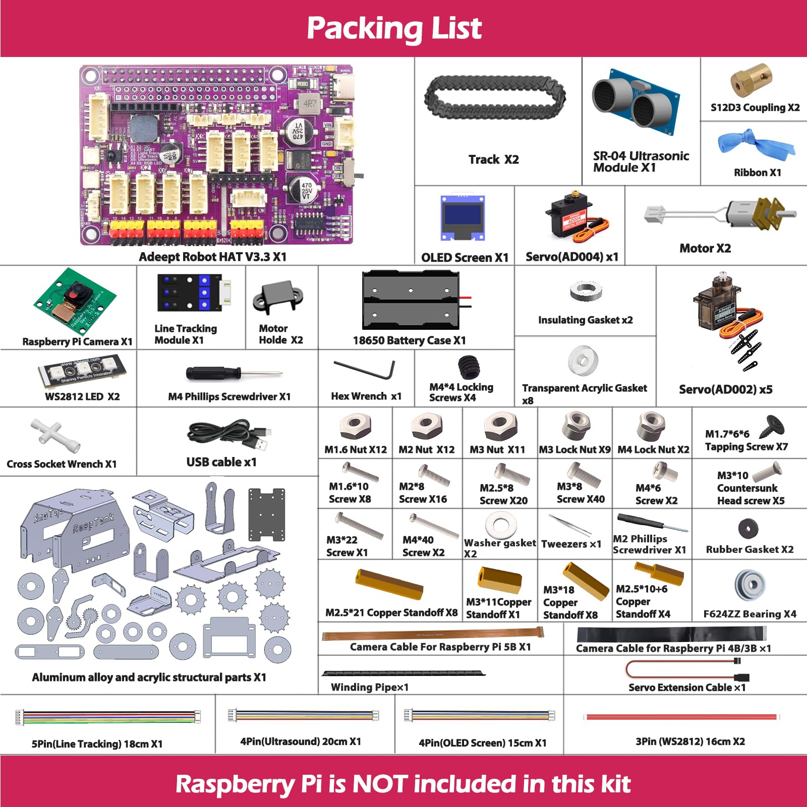 Adeept RaspTank - Kit per auto intelligente in metallo per Raspberry Pi 5/4B/3B/3B+(scheda non inclusa), robot per il monitoraggio del serbatoio con braccio robot 4 DOF, OpenCV, prevenzione ostacoli