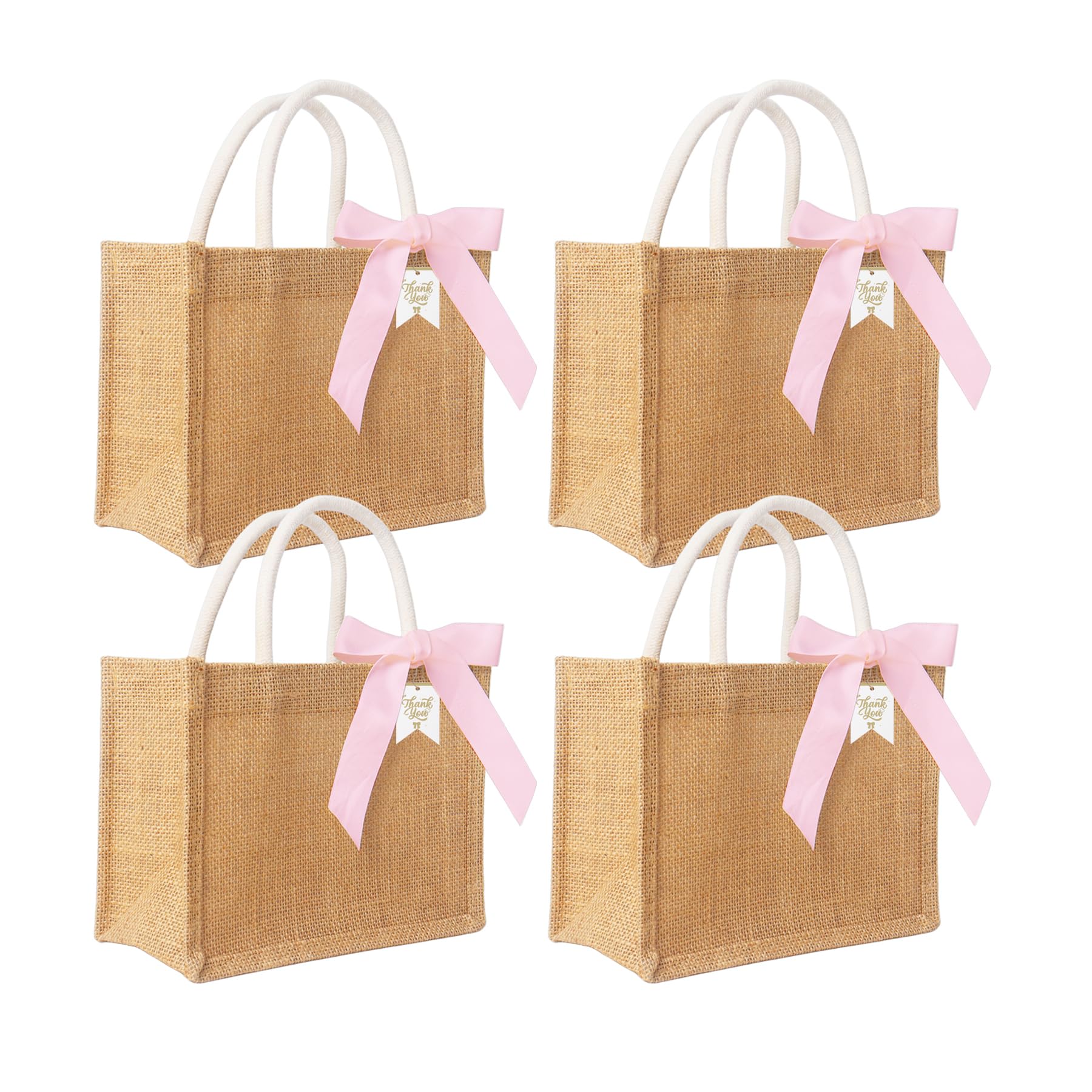 Dmnnlp 4 Pack 8.7" Small Jute Bag with Pink Ribbon and Tags, Reusable Jute Burlap Bag for Wedding, Bridesmaid, Party, Shopping, Teacher Appreciation Gift