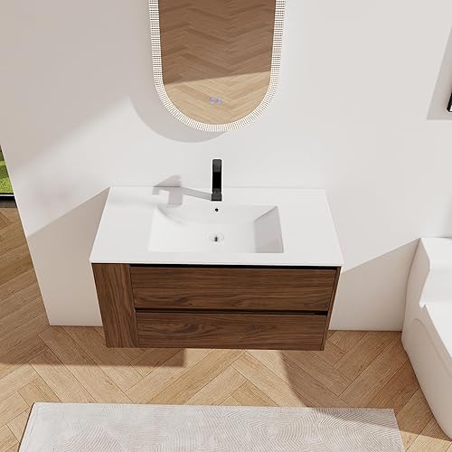 Miniatura 2 de Yoluckea Juego de tocador de baño de 36 pulgadas con lavabo de cerámica montado en la pared, moderno juego de tocador de baño con 2 cajones y