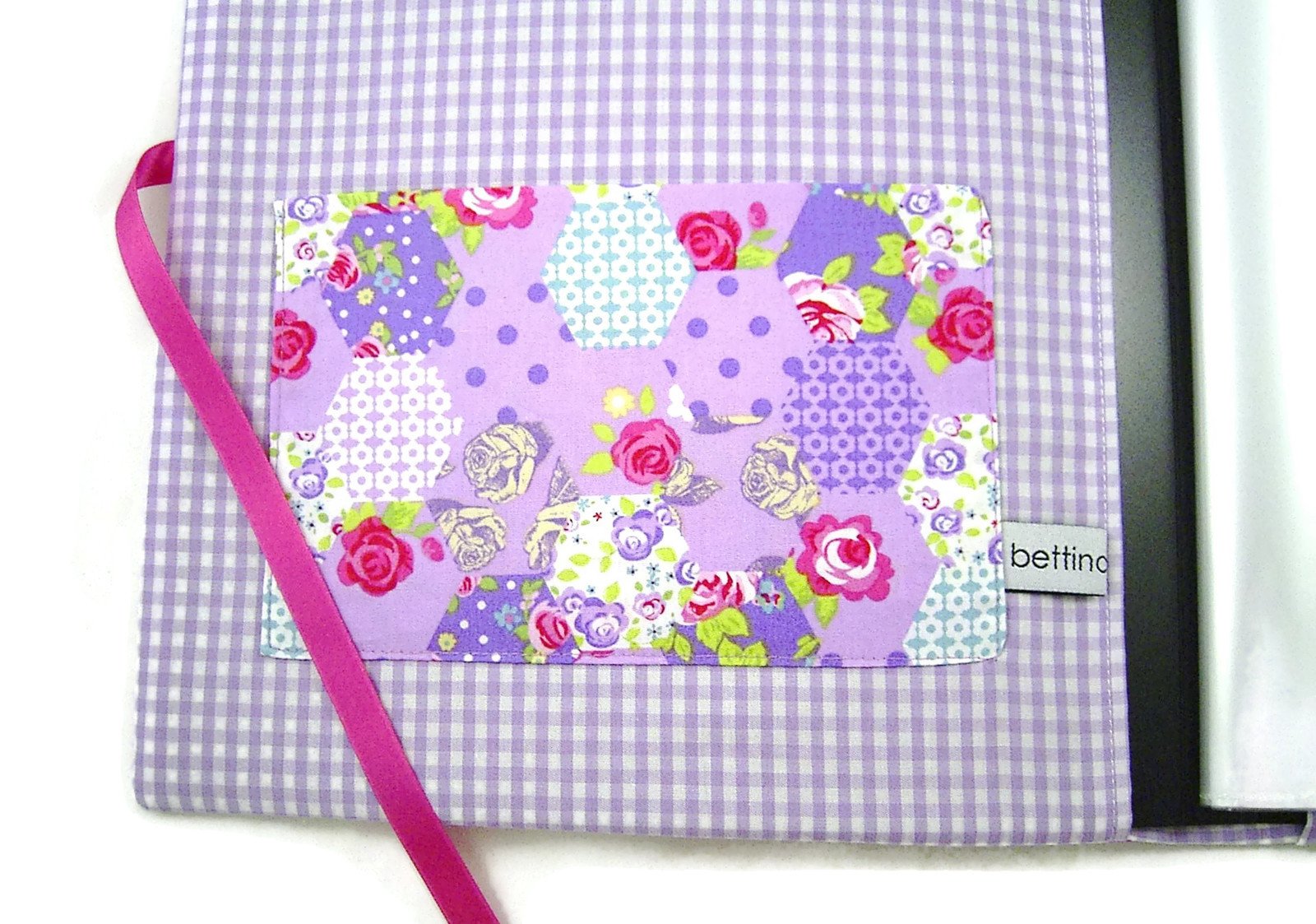 bettina bruder - Zeugnismappe DIN A4 - innen 30 Sichthüllen - Patchwork Blumen lila pink - innen Vichykaro