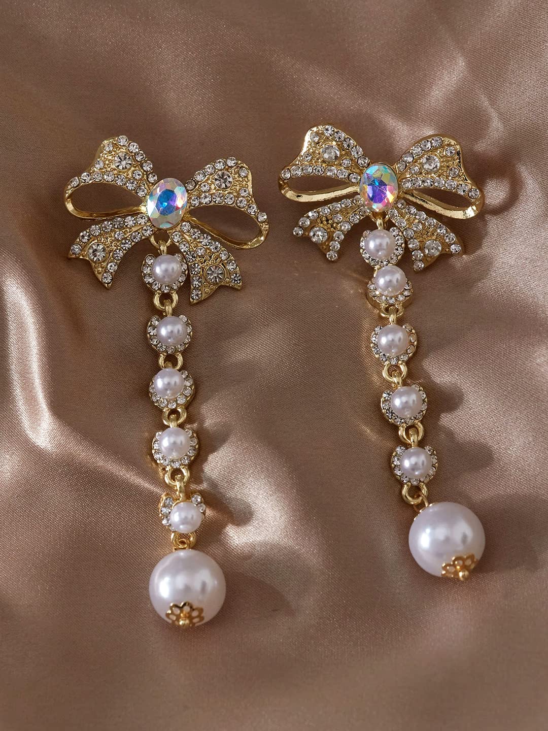 Crystal Dangler Earrings with Bow Shaped Pearl Danglers
