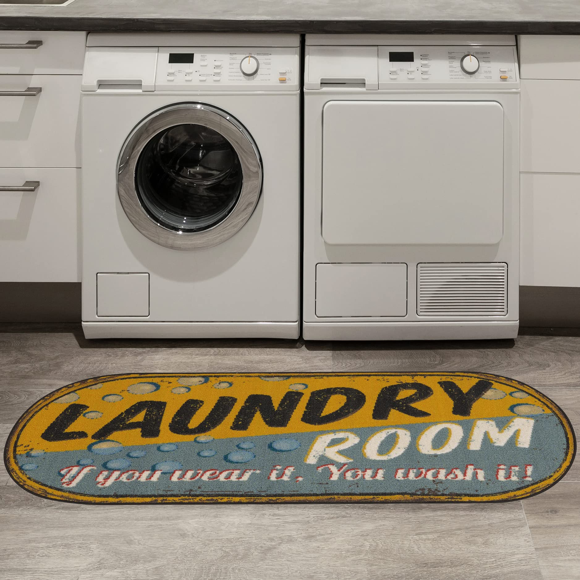 Ottomanson 20" x 59" Oval Laundry Room Rug - Non-Slip Mat for Laundry &amp; Mudroom - Durable, Stain-Resistant, and Easy to Clean - Perfect for High-Traffic Areas - Runner Rug for Entryway, Yellow/Gray
