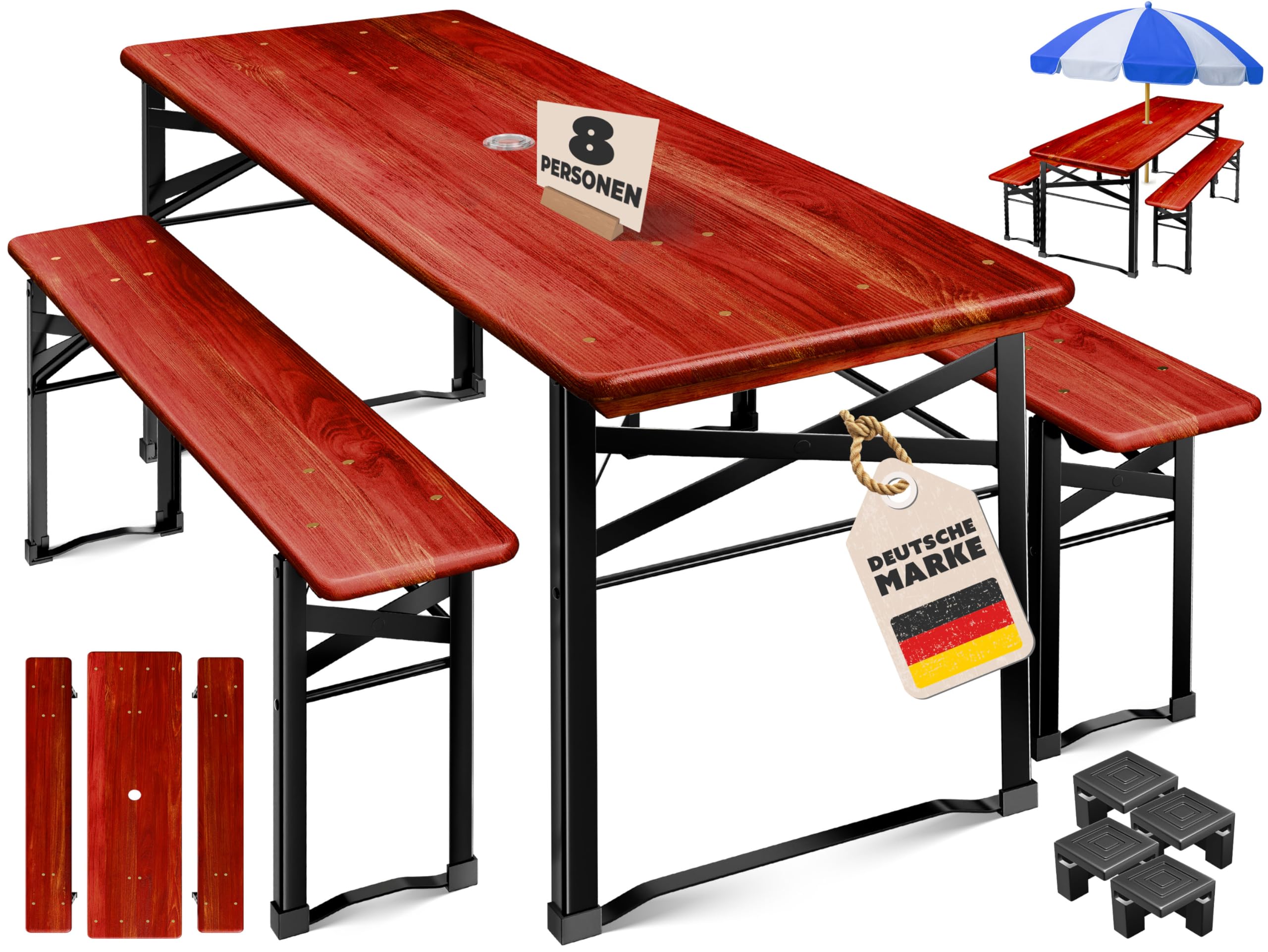 KESSER® Bierzeltgarnitur 3-TLG., Festzeltgarnitur klappbar, Biertisch mit 2 Bierbänken, Gartenmöbel Set Holz, Partygarnitur, Sitzgarnitur, wetterfest, stabil, 170x46x75cm, 12-TLG. Bodenschoner