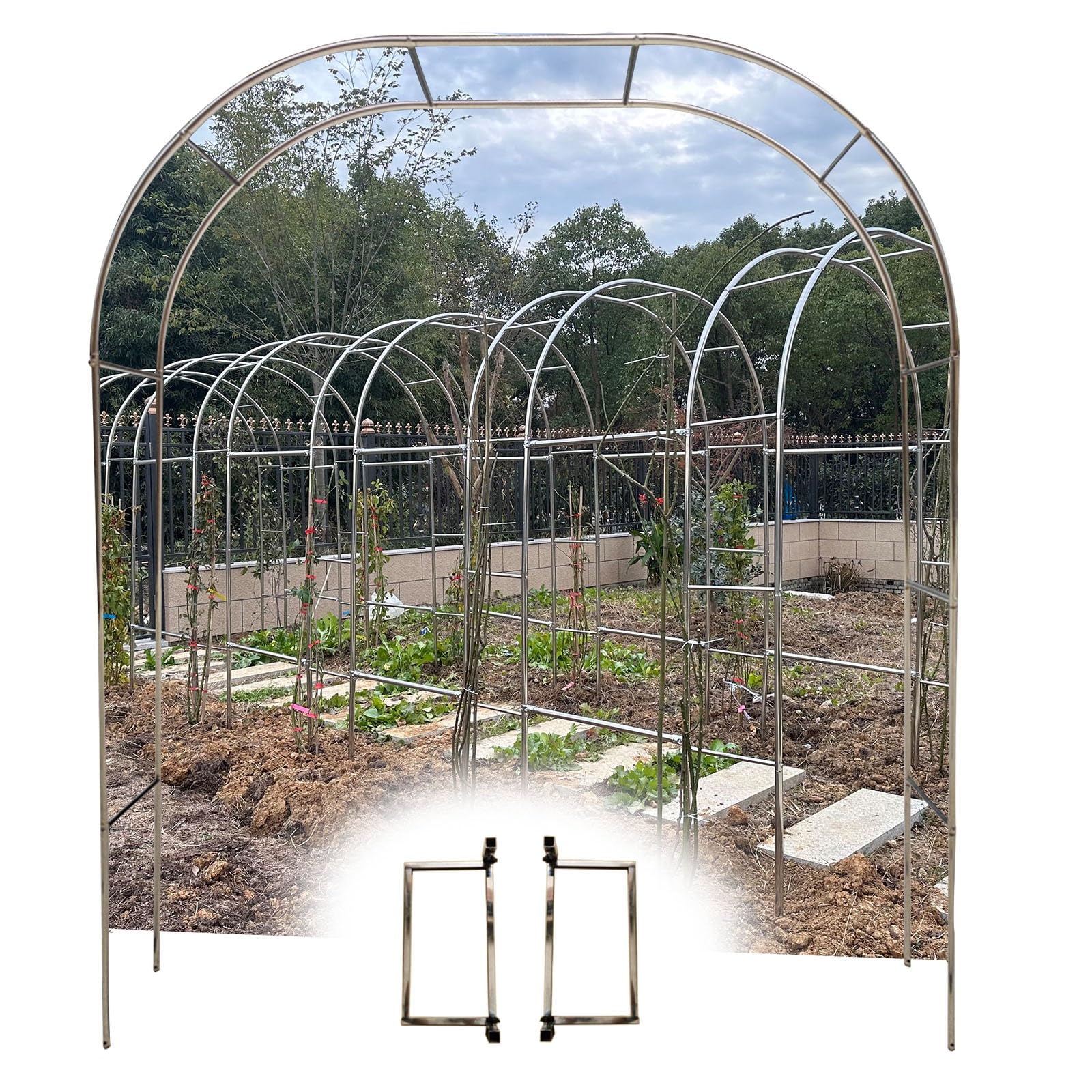 Stylish 7.8FT Garden Arch Arbor, Stainless Steel Garden Arch Wedding Arch For Garden Backyard, Lawn(Color:25mm+base,Size:2.8 * 2.4m(9.2 * 7.9ft))