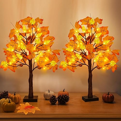 Paquete de 2 decoraciones de árbol de arce de otoño preiluminado de 24 pulgadas, con 48 luces LED, temporizador, funciona con pilas, árbol de arce