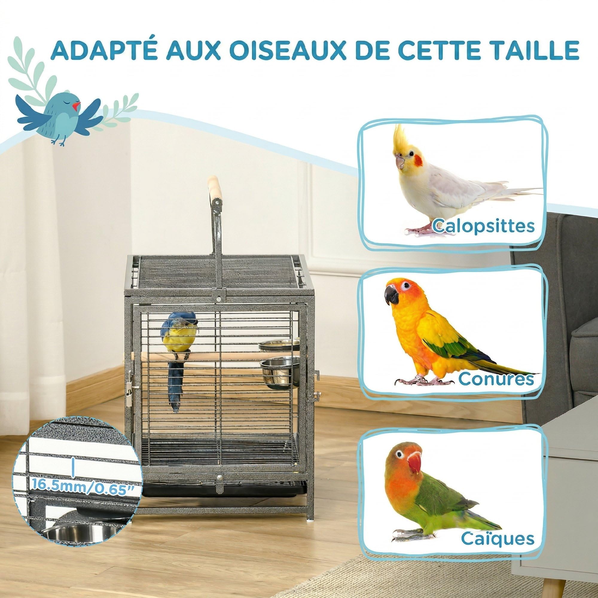 PawHut Cage de Transport en Acier pour Perroquets avec 2 Bols en Acier Inoxydable, 2 Perchoirs en Bois, Plateau Amovible, Noir