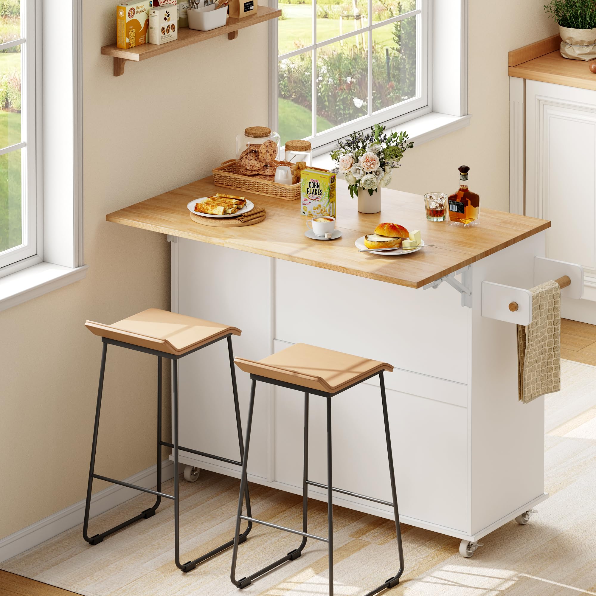 HOCSOK Isla de cocina, carro de cocina con 5 ruedas, armario de cocina con superficie de trabajo abatible y cajones, isla de cocina independiente, carro de bar para cocina y comedor, Blanco
