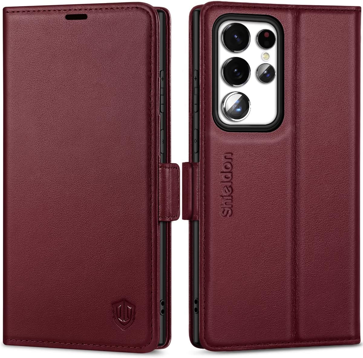 SHIELDON Case for Galaxy S23 Ultra 5G 6.8", Genuine Leather Wallet Case Kickstand RFID Blocking Credit Card Holder Magnetic Closure Shockproof Case Compatible with Galaxy S23 Ultra 2023 - Wine Red